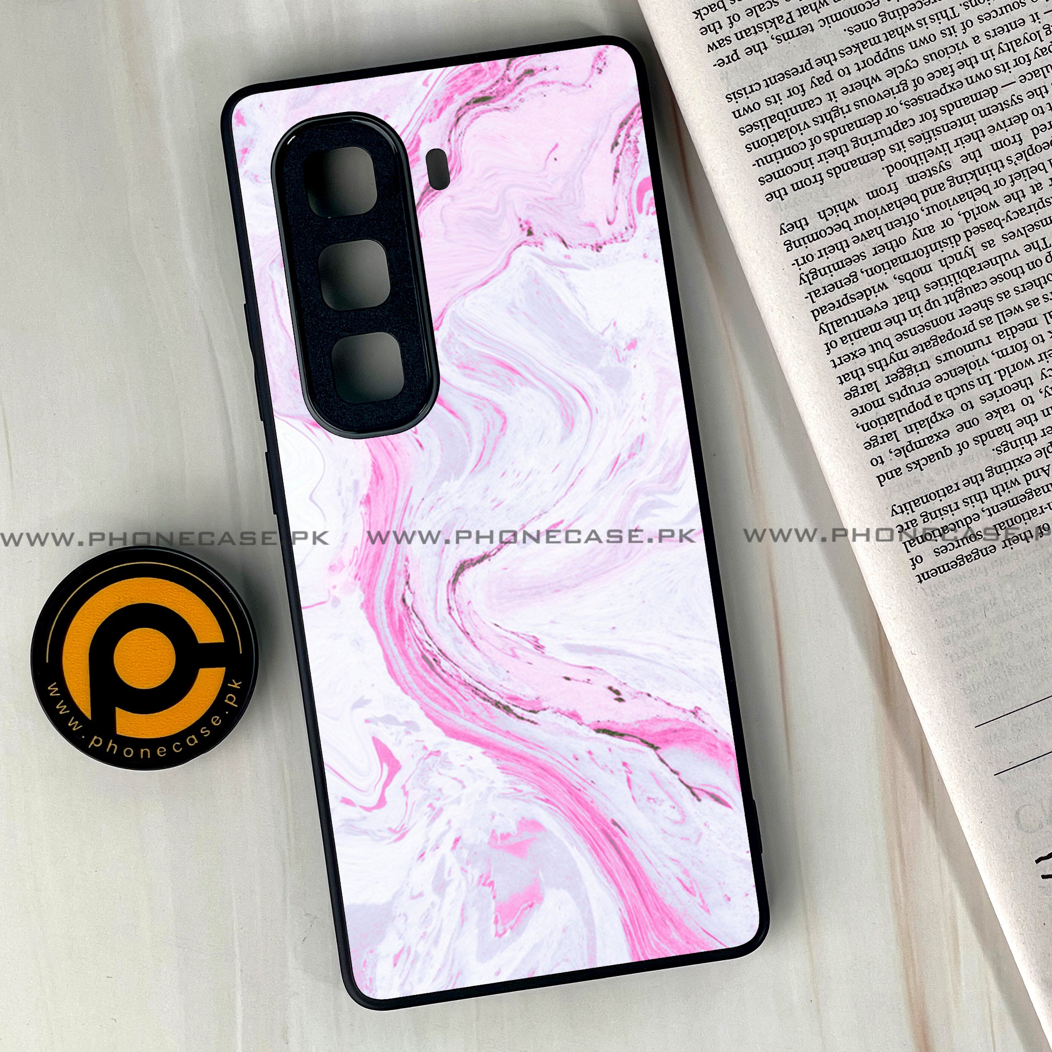 Infinix Hot 50 Pro Plus - Pink Marble Series - Premium Printed Glass soft Bumper shock Proof Case