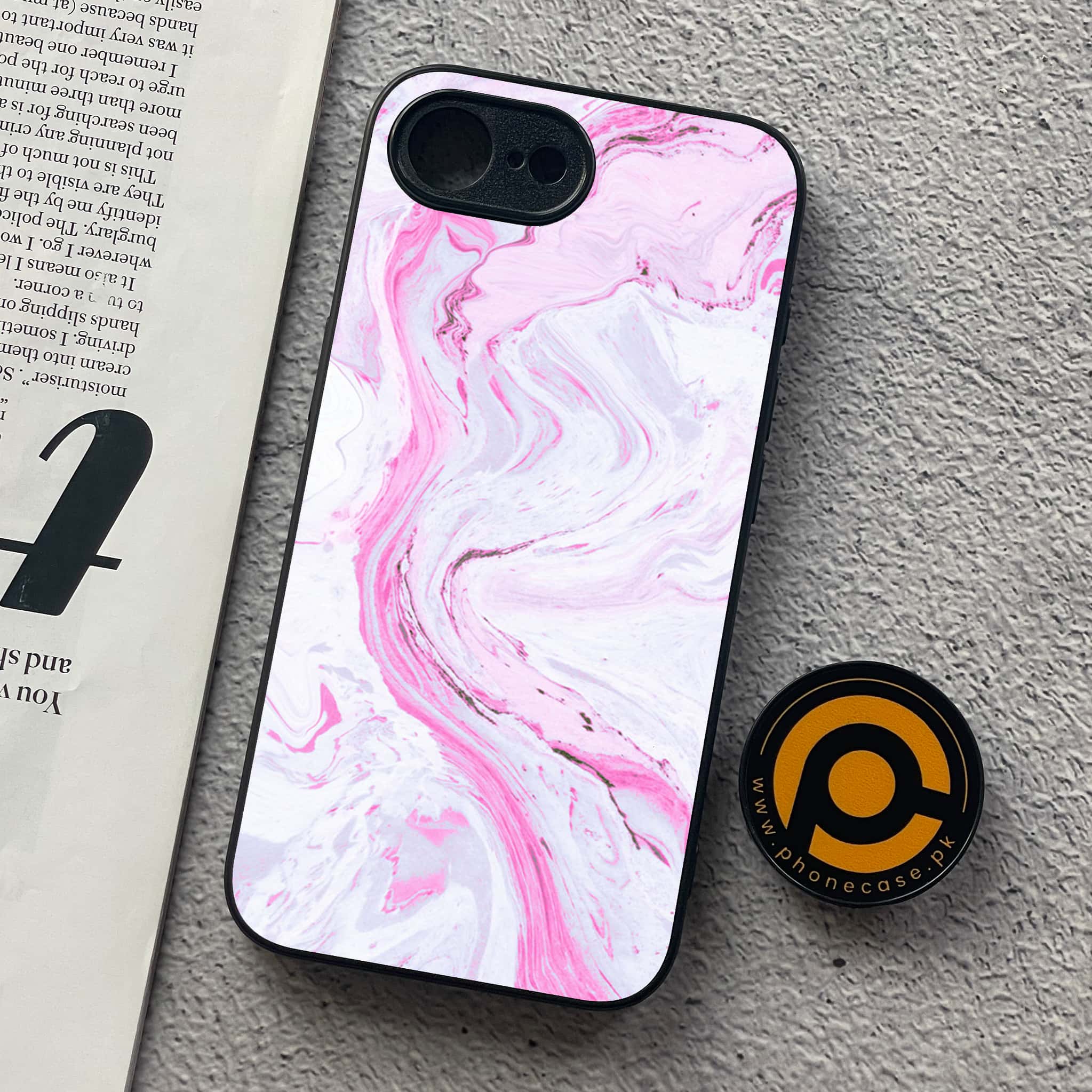 iPhone 16e - Pink Marble Series - Premium Metal  Printed soft Bumper shock Proof Case