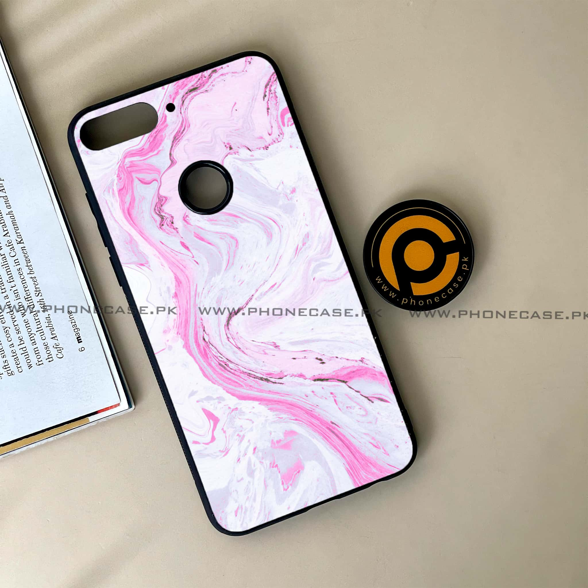 Huawei Y7 Prime (2018) -  Pink Marble Series - Premium Printed Glass soft Bumper shock Proof Case