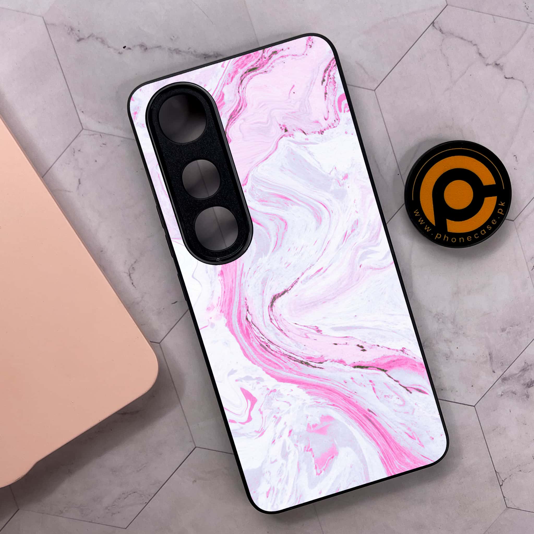 Vivo V50 Lite - Pink Marble Series - Premium Metal Printed soft Bumper shock Proof Case