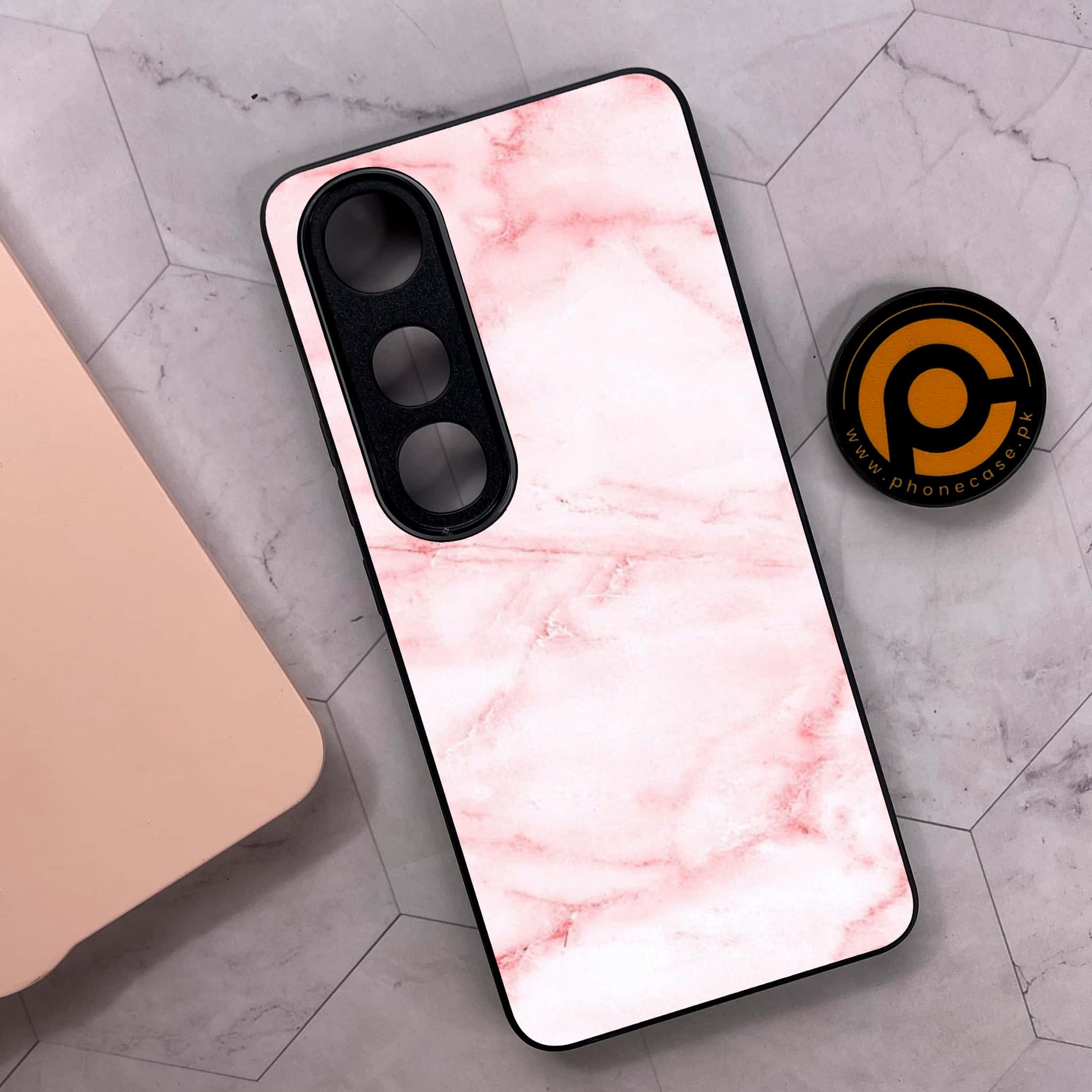 Vivo V50 Lite - Pink Marble Series - Premium Metal Printed soft Bumper shock Proof Case