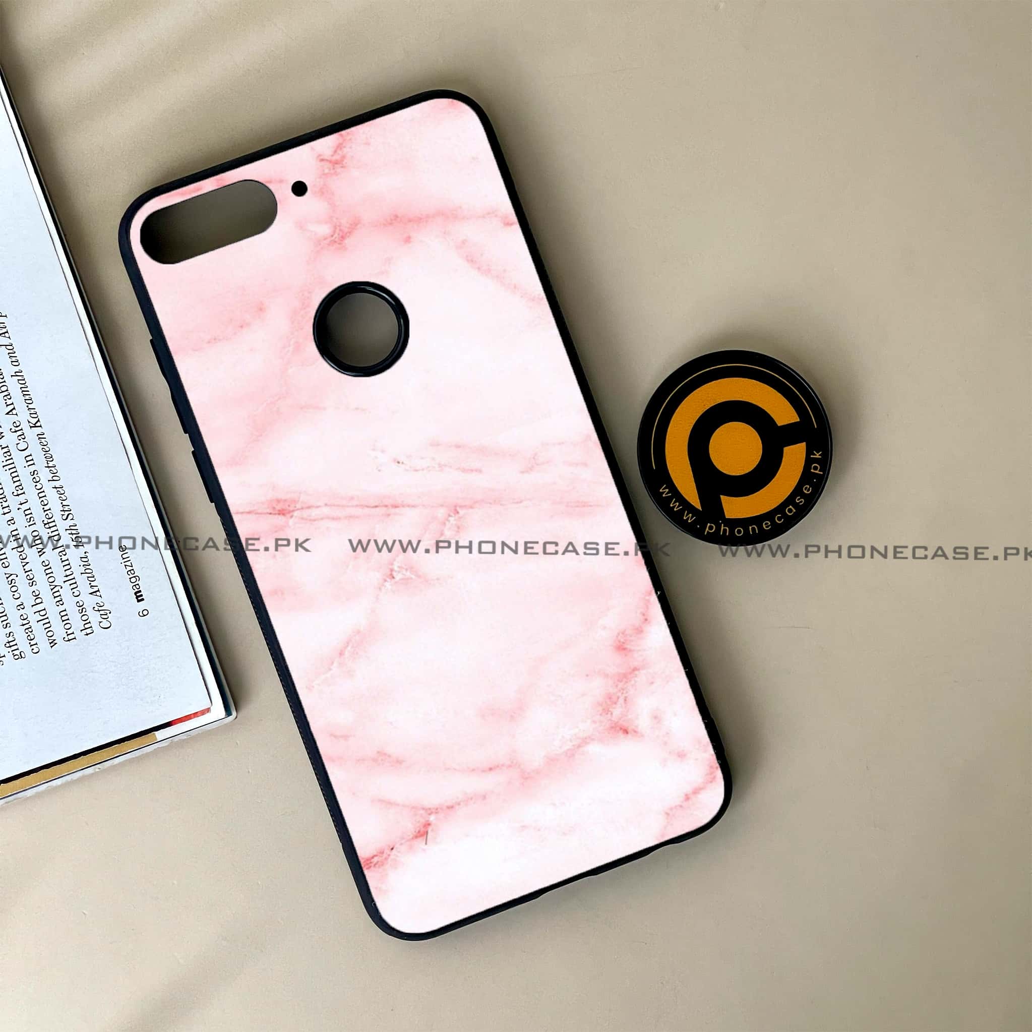 Huawei Y7 Prime (2018) -  Pink Marble Series - Premium Printed Glass soft Bumper shock Proof Case