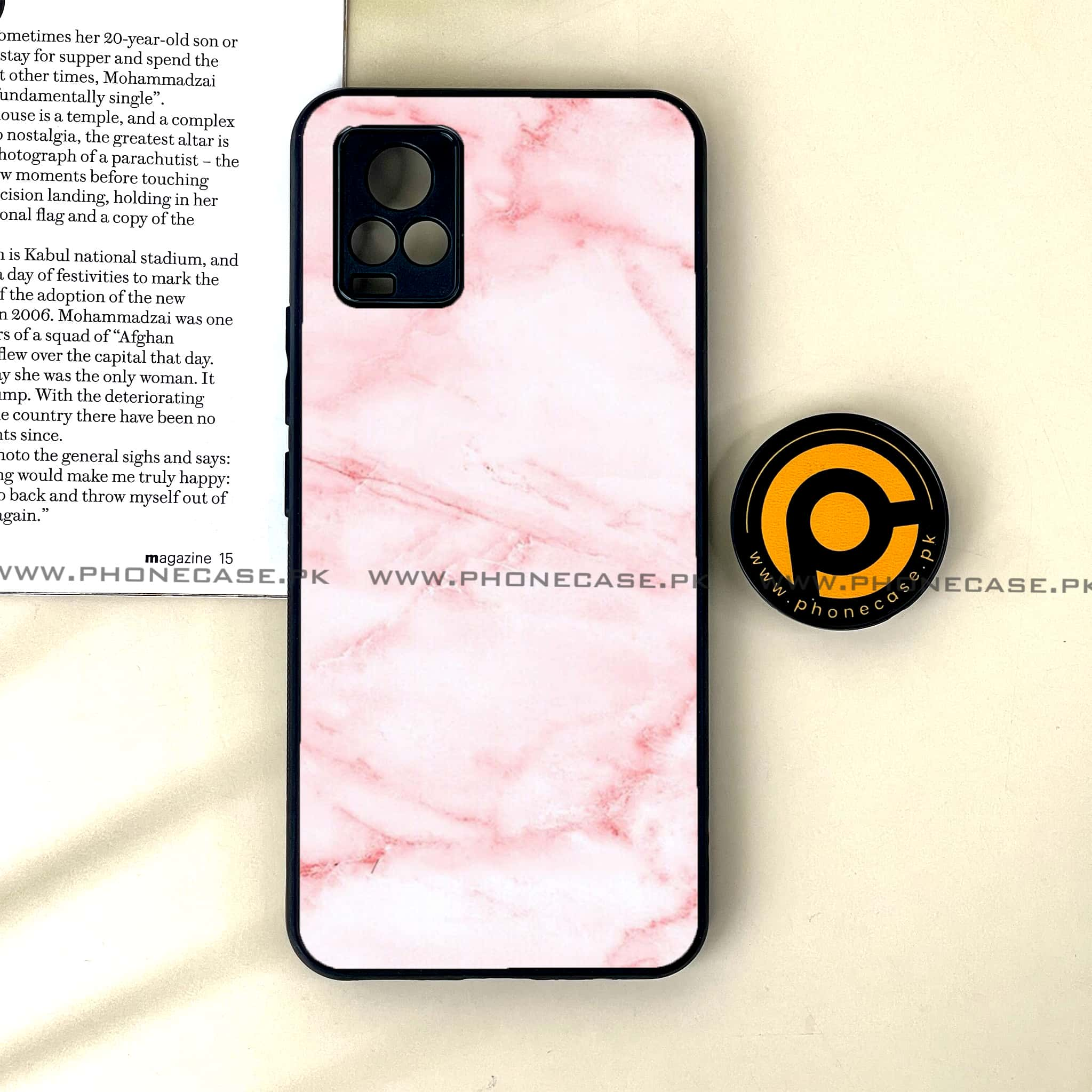 Vivo V20 - Pink Marble Series - Premium Printed Glass soft Bumper shock Proof Case