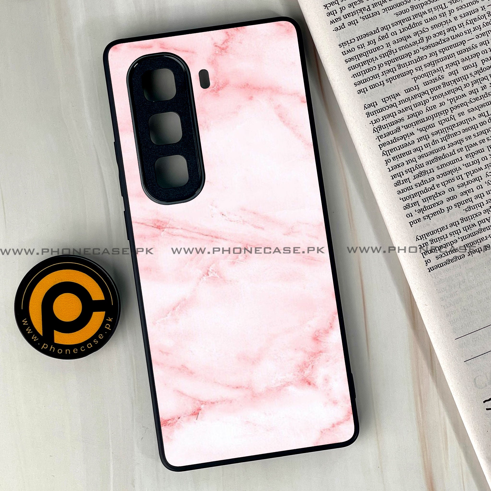 Infinix Hot 50 Pro Plus - Pink Marble Series - Premium Printed Glass soft Bumper shock Proof Case