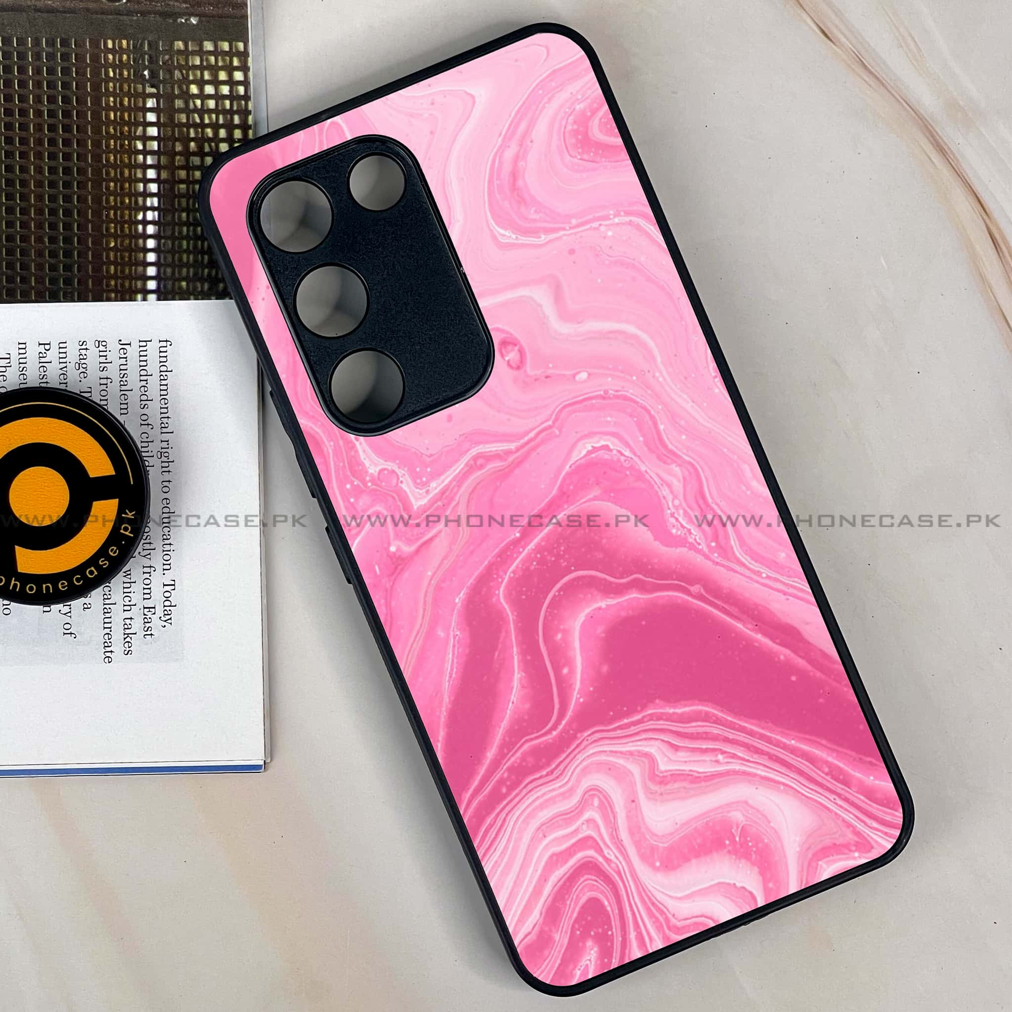 Vivo Y100 - Pink Marble Series - Premium Printed Glass soft Bumper shock Proof Case