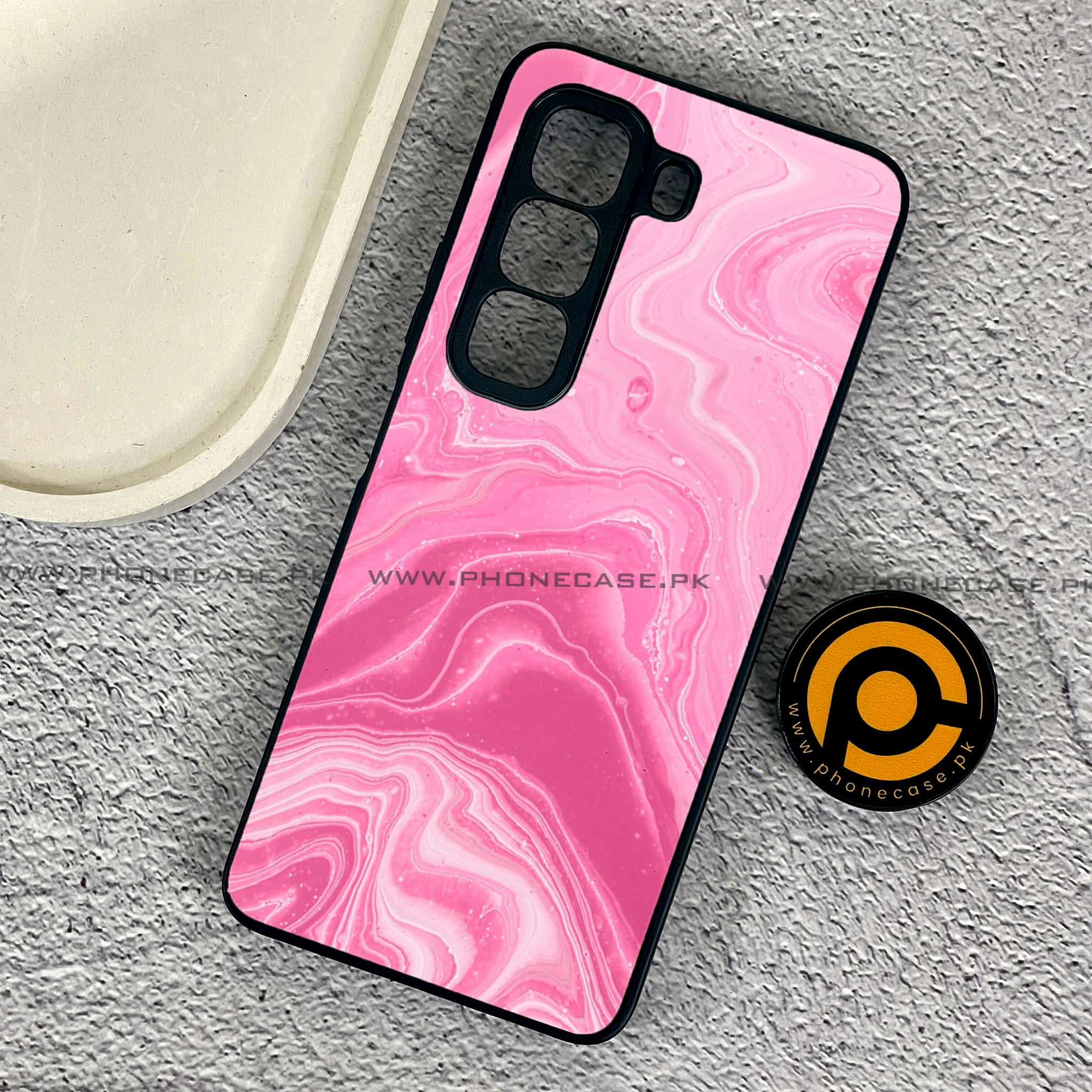 Infinix Hot 50 Pro - Pink Marble Series - Premium Printed Glass soft Bumper shock Proof Case