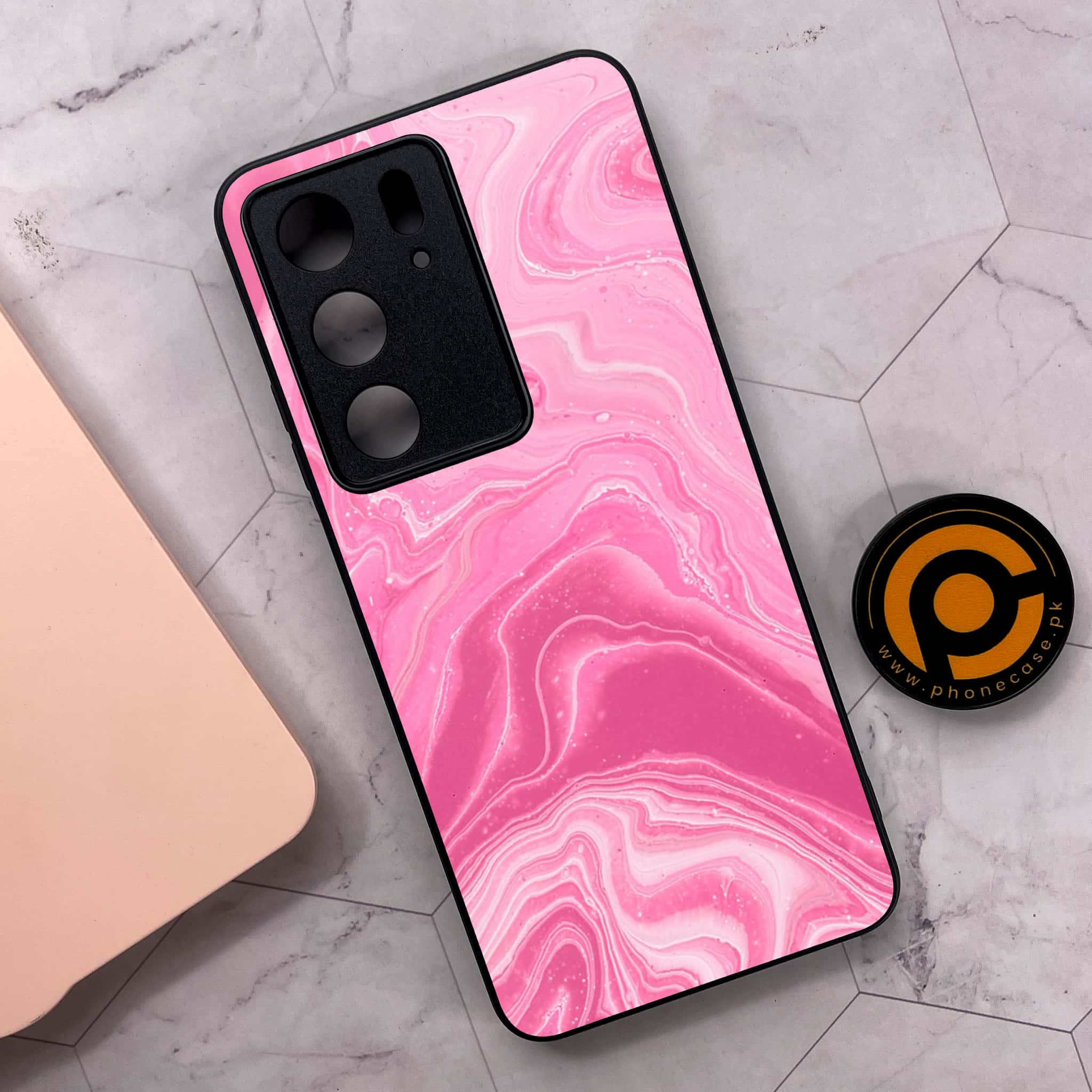 Realme C75x 4G - Pink Marble Series - Premium Metal Printed soft Bumper shock Proof Case