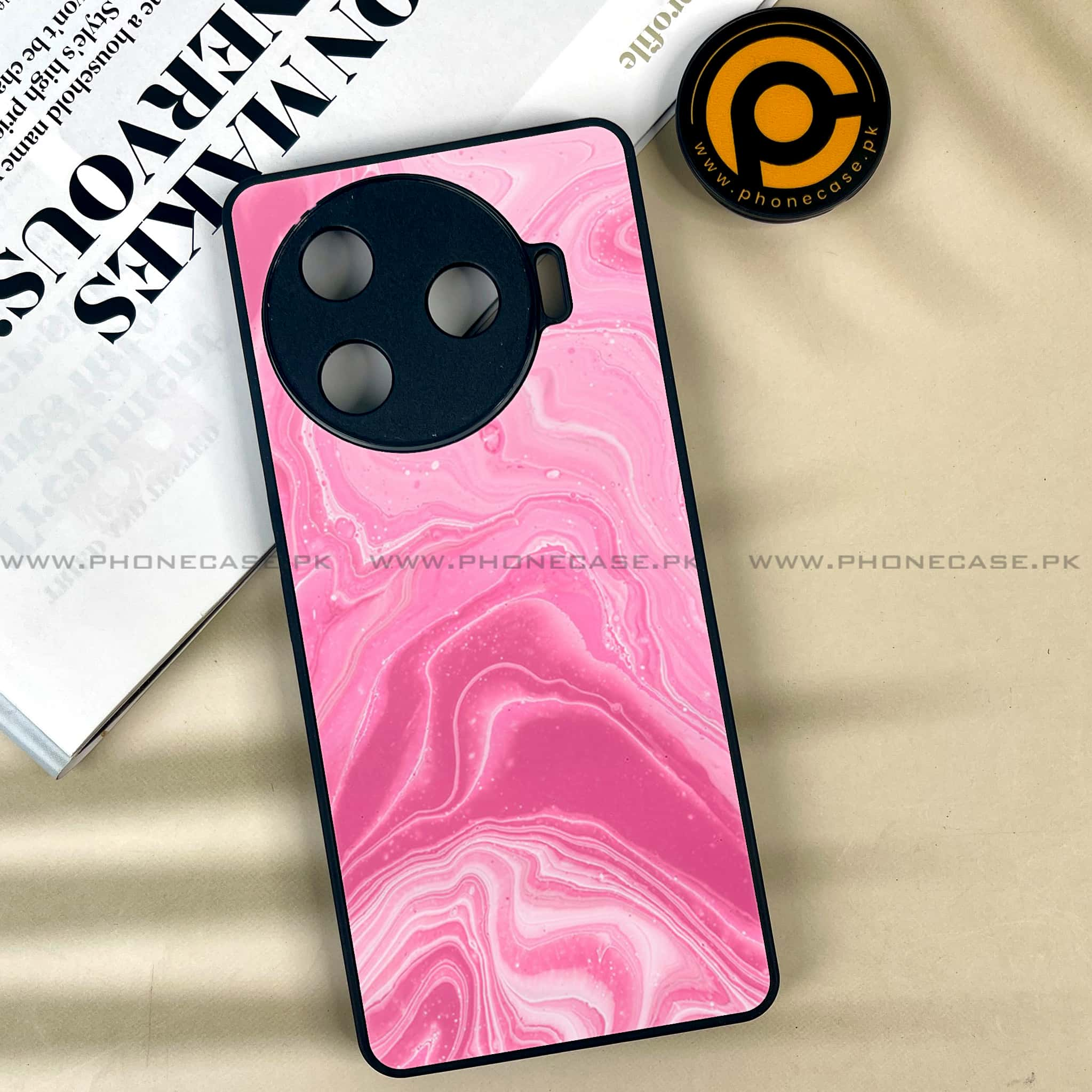 Tecno Camon 30 Pro - Pink Marble Series - Premium Printed Glass soft Bumper shock Proof Case