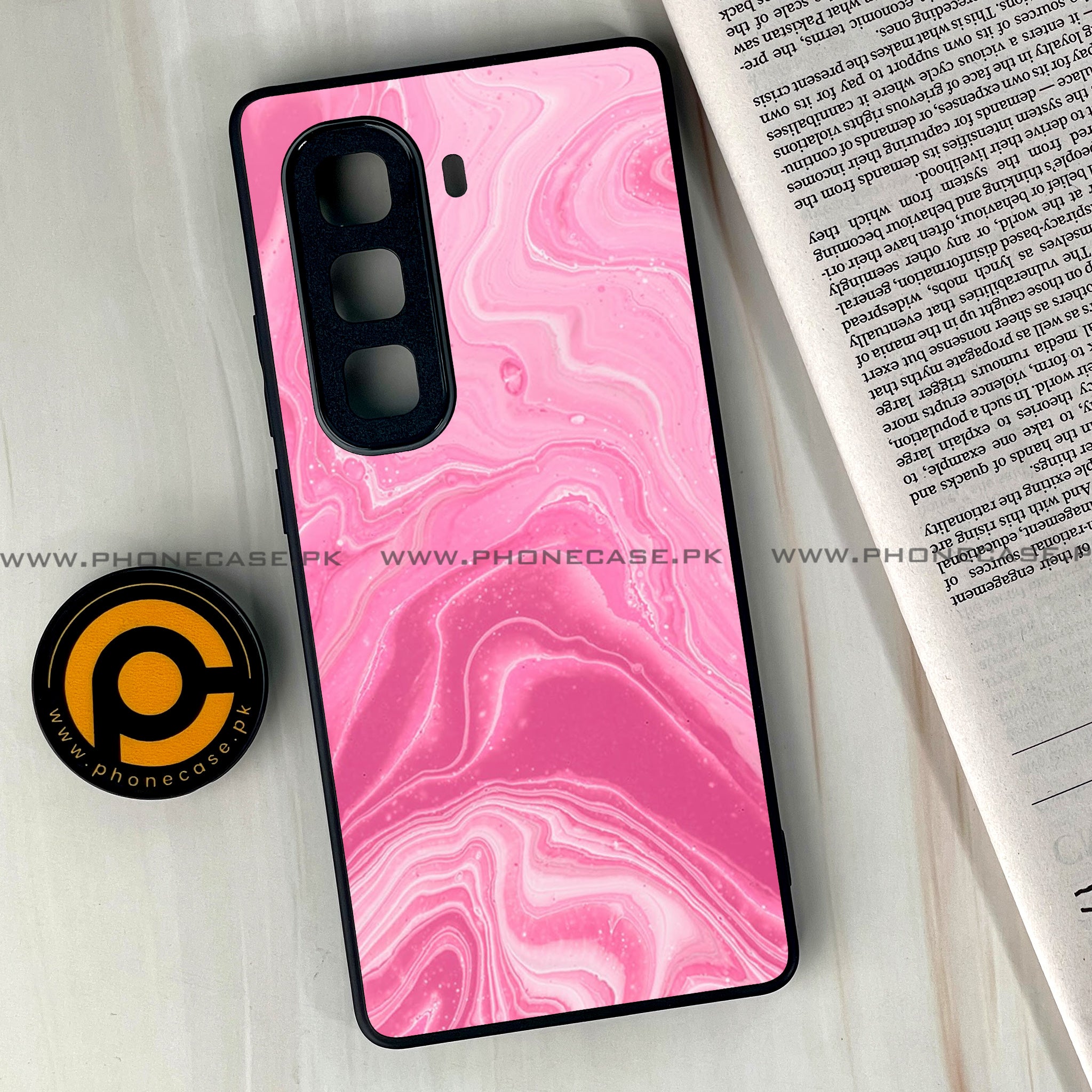 Infinix Hot 50 Pro Plus - Pink Marble Series - Premium Printed Glass soft Bumper shock Proof Case