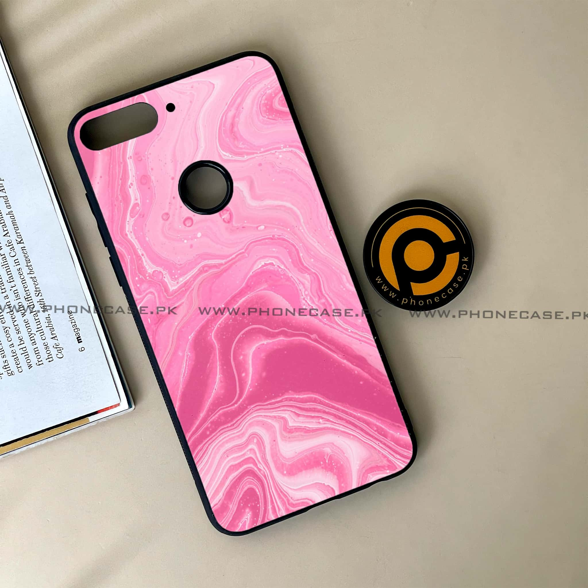 Huawei Y7 Prime (2018) -  Pink Marble Series - Premium Printed Glass soft Bumper shock Proof Case