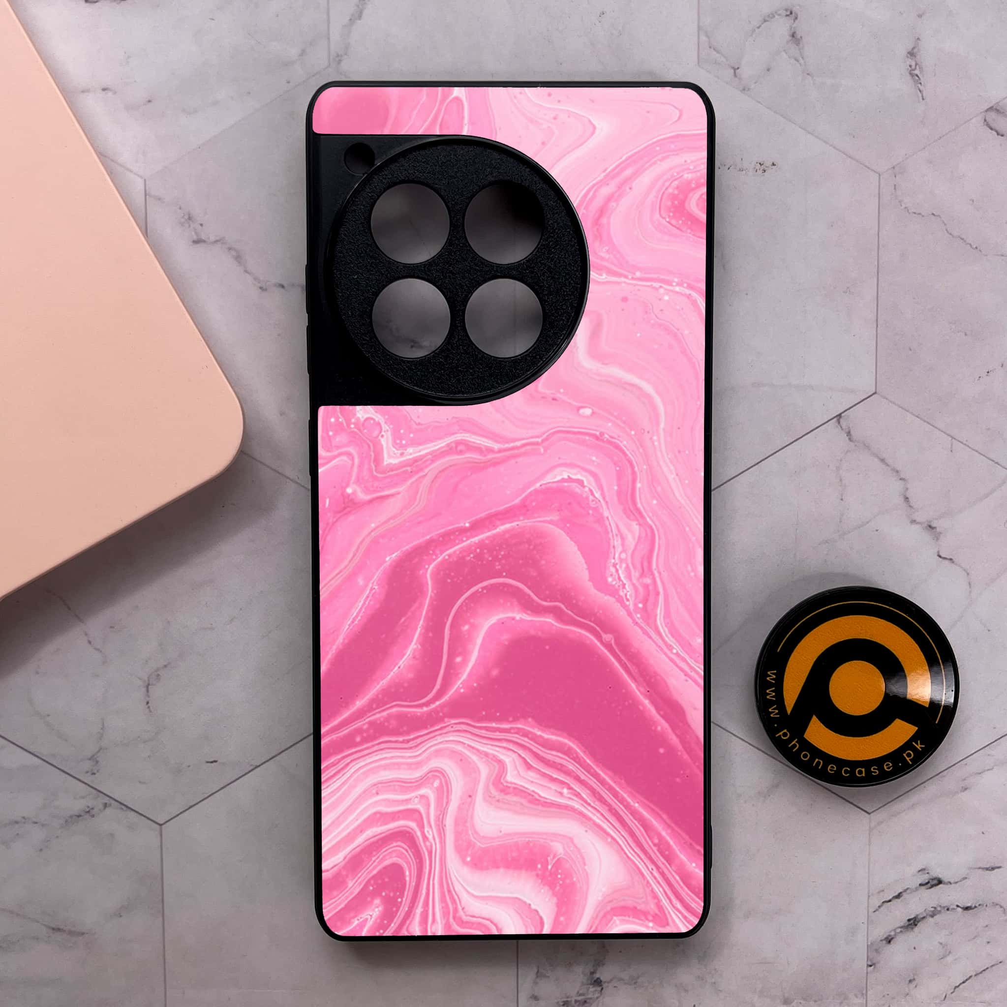 OnePlus 12R - Pink Marble Series - Premium Metal Printed soft Bumper shock Proof Case