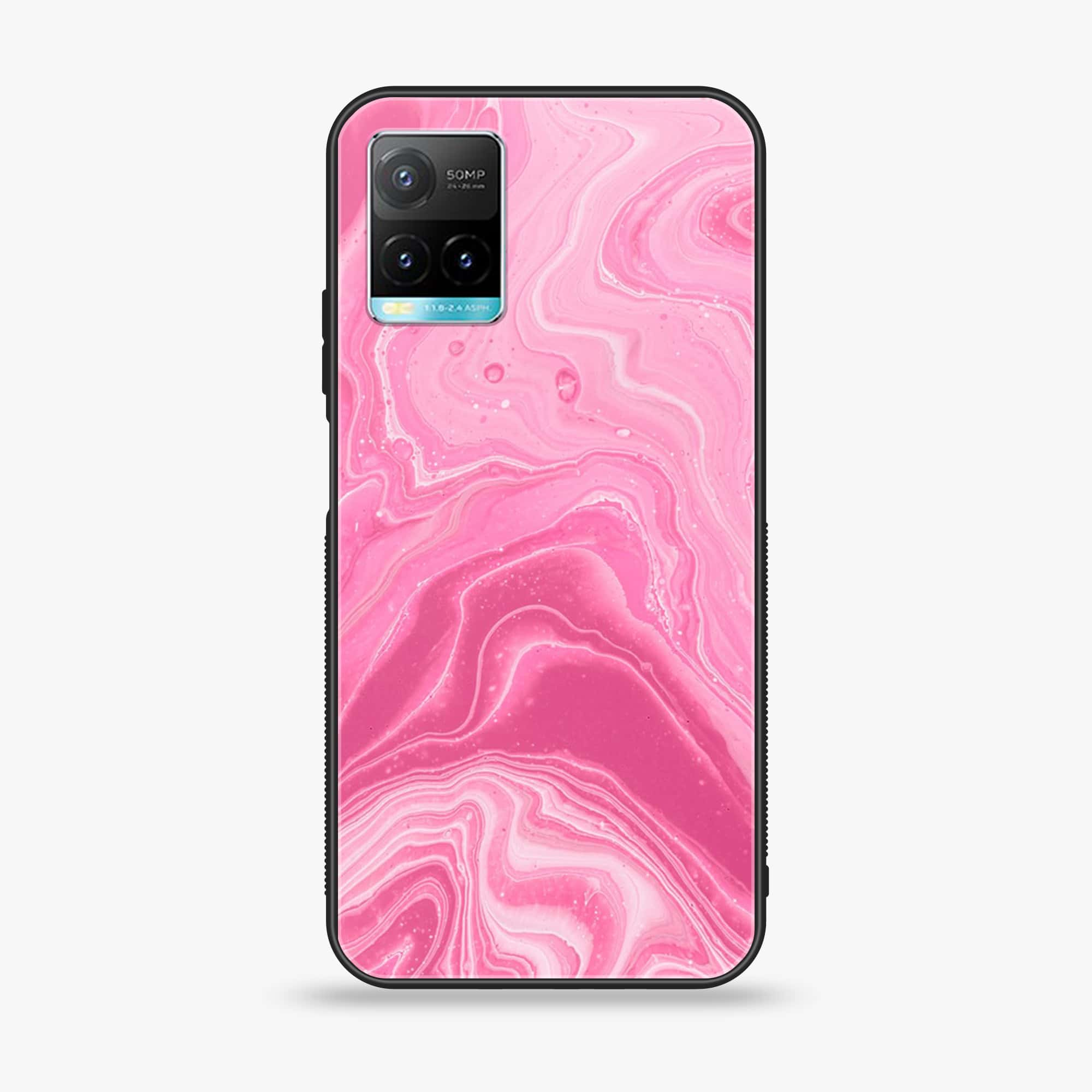 Vivo Y33T Pink Marble Series  Premium Printed Glass soft Bumper shock Proof Case