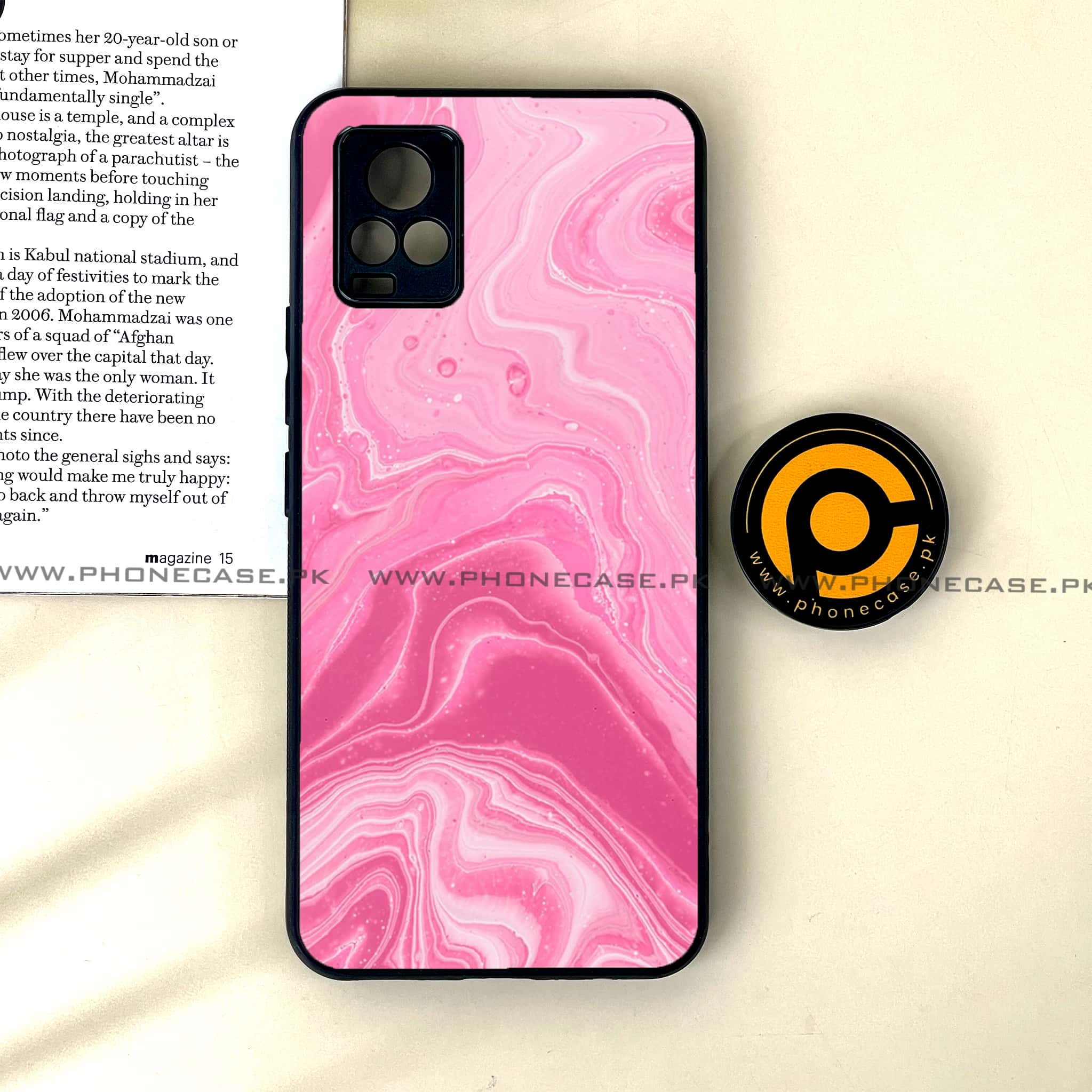 Vivo V20 - Pink Marble Series - Premium Printed Glass soft Bumper shock Proof Case