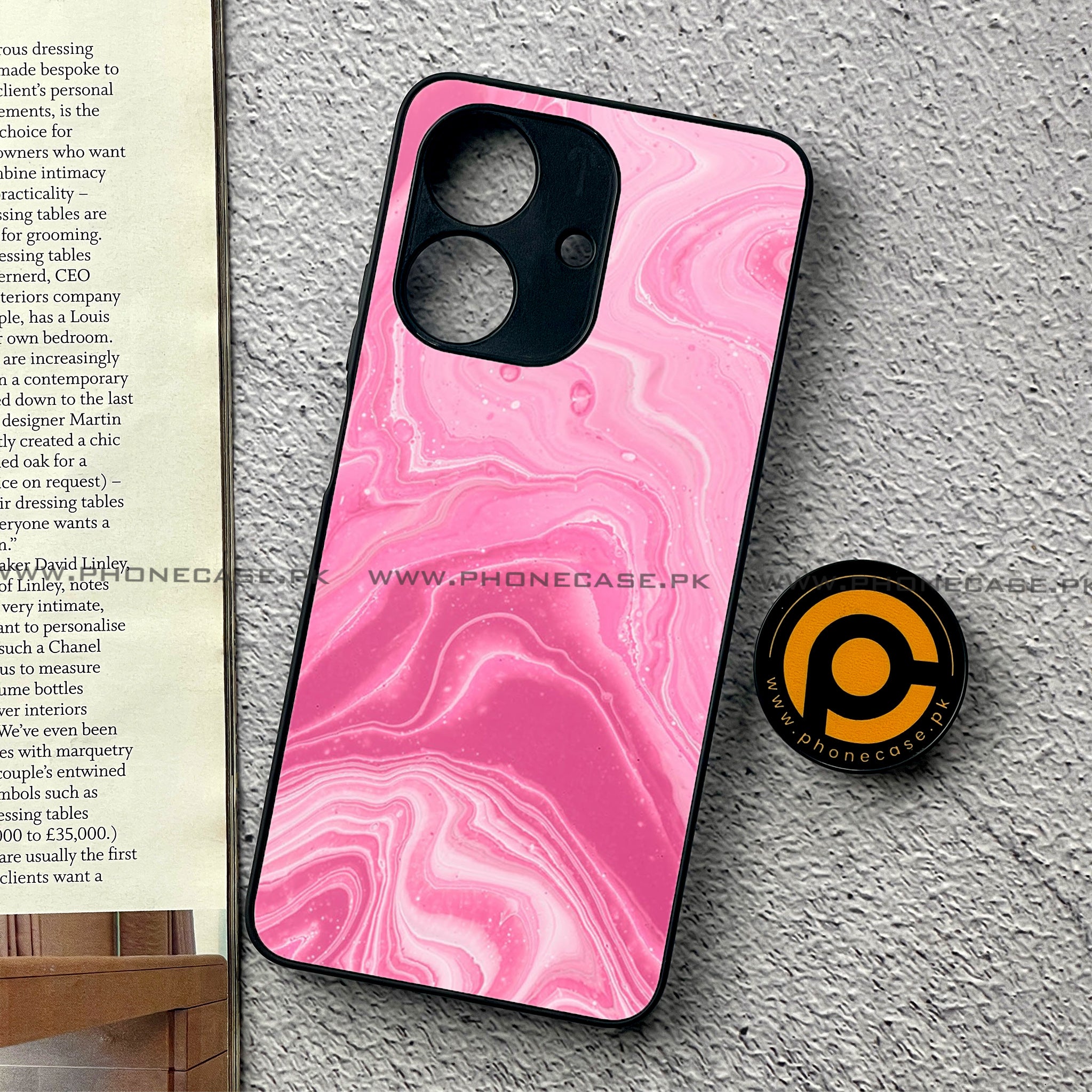 Realme Note 60 - Pink Marble Series - Premium Printed Glass soft Bumper shock Proof Case