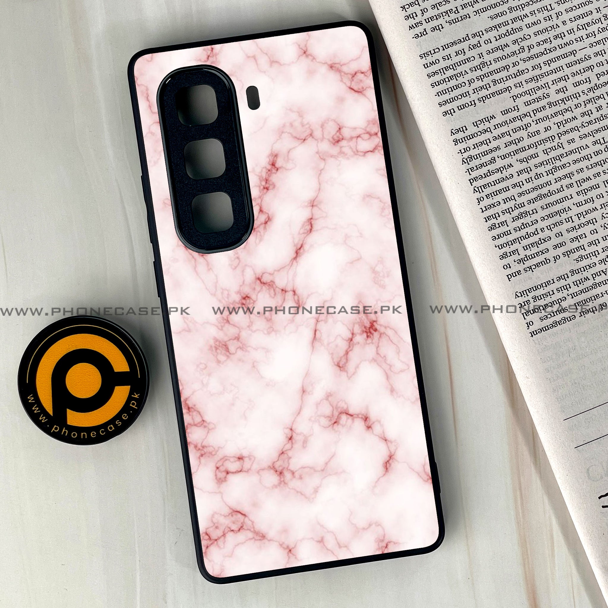 Infinix Hot 50 Pro Plus - Pink Marble Series - Premium Printed Glass soft Bumper shock Proof Case