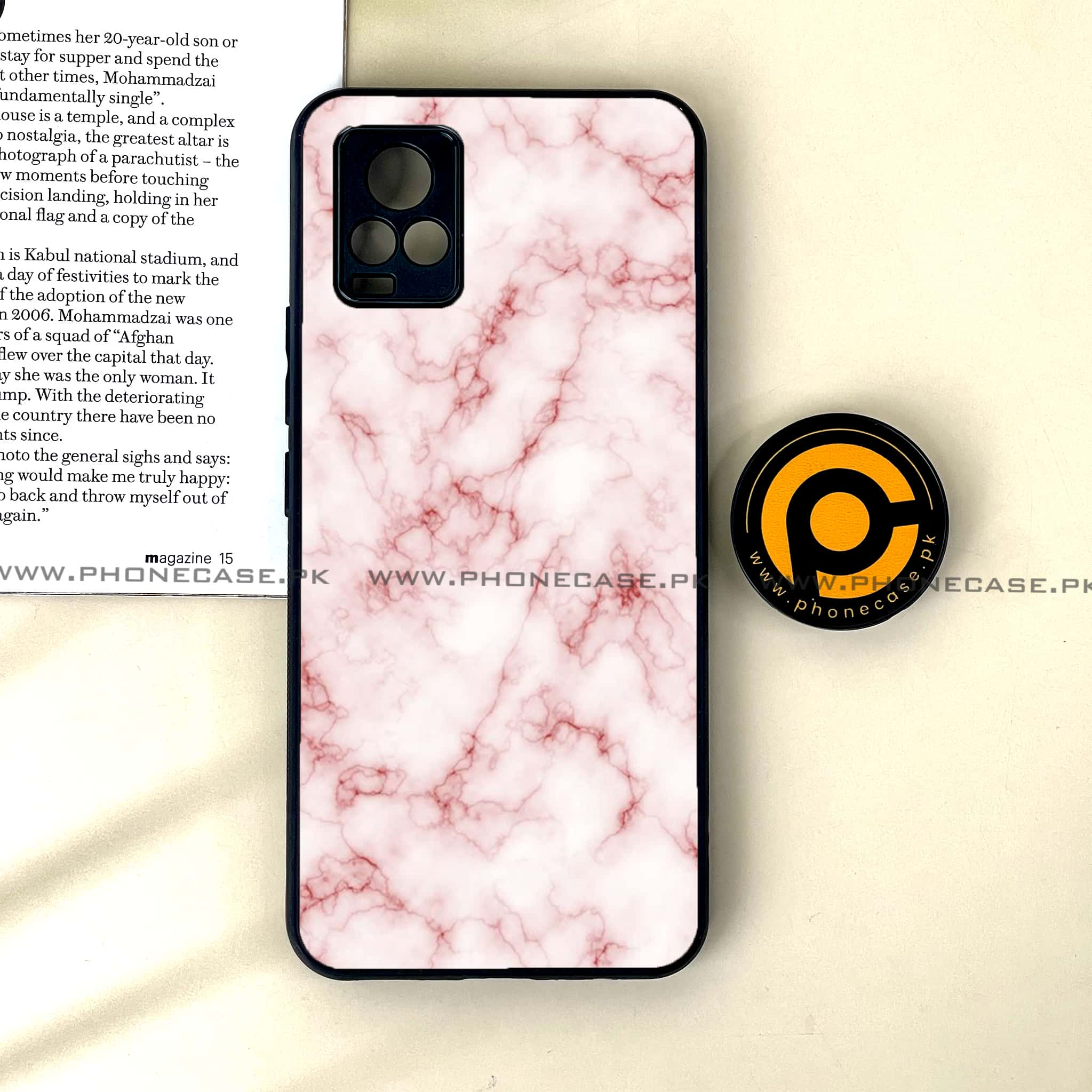 Vivo V20 - Pink Marble Series - Premium Printed Glass soft Bumper shock Proof Case