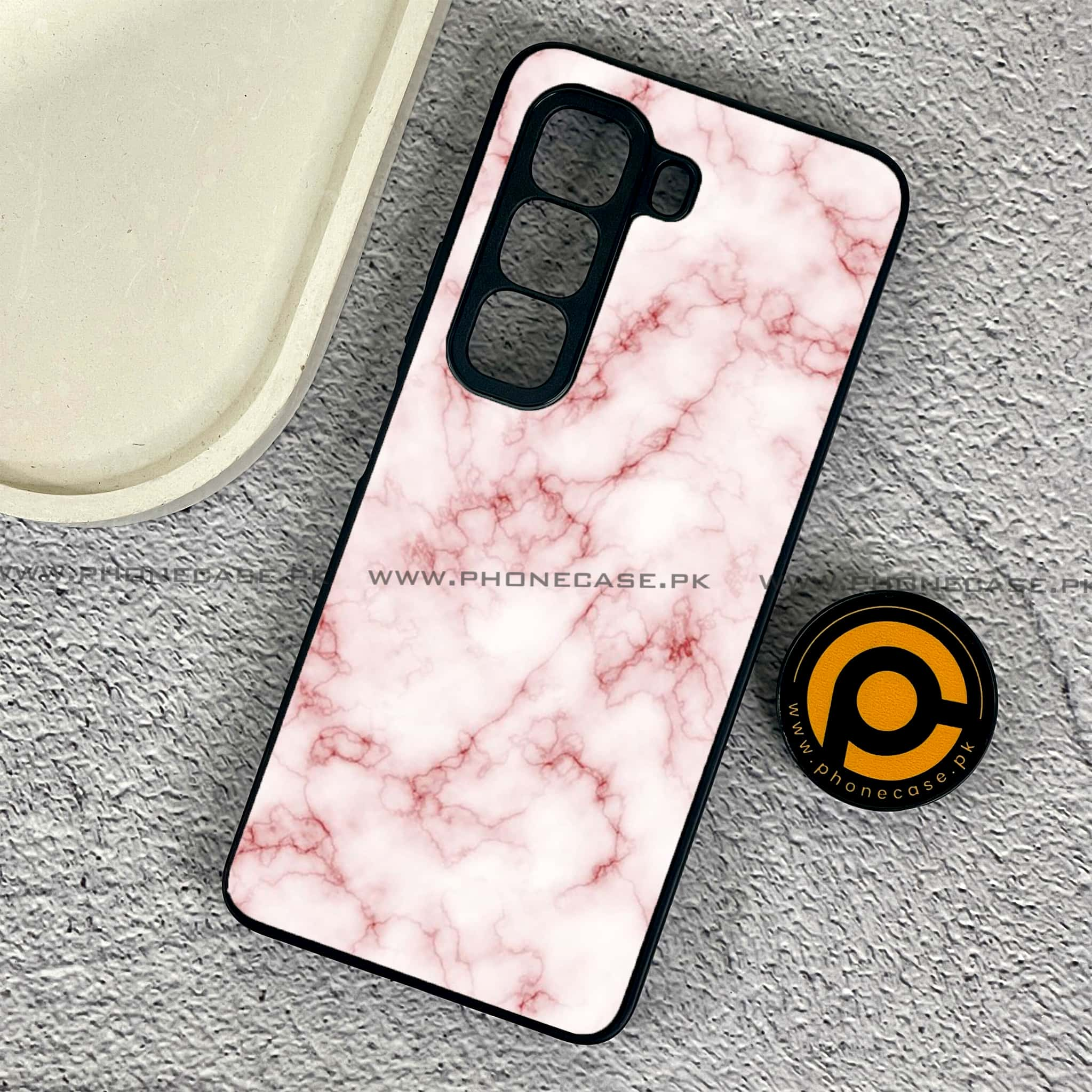 Infinix Hot 50 Pro - Pink Marble Series - Premium Printed Glass soft Bumper shock Proof Case