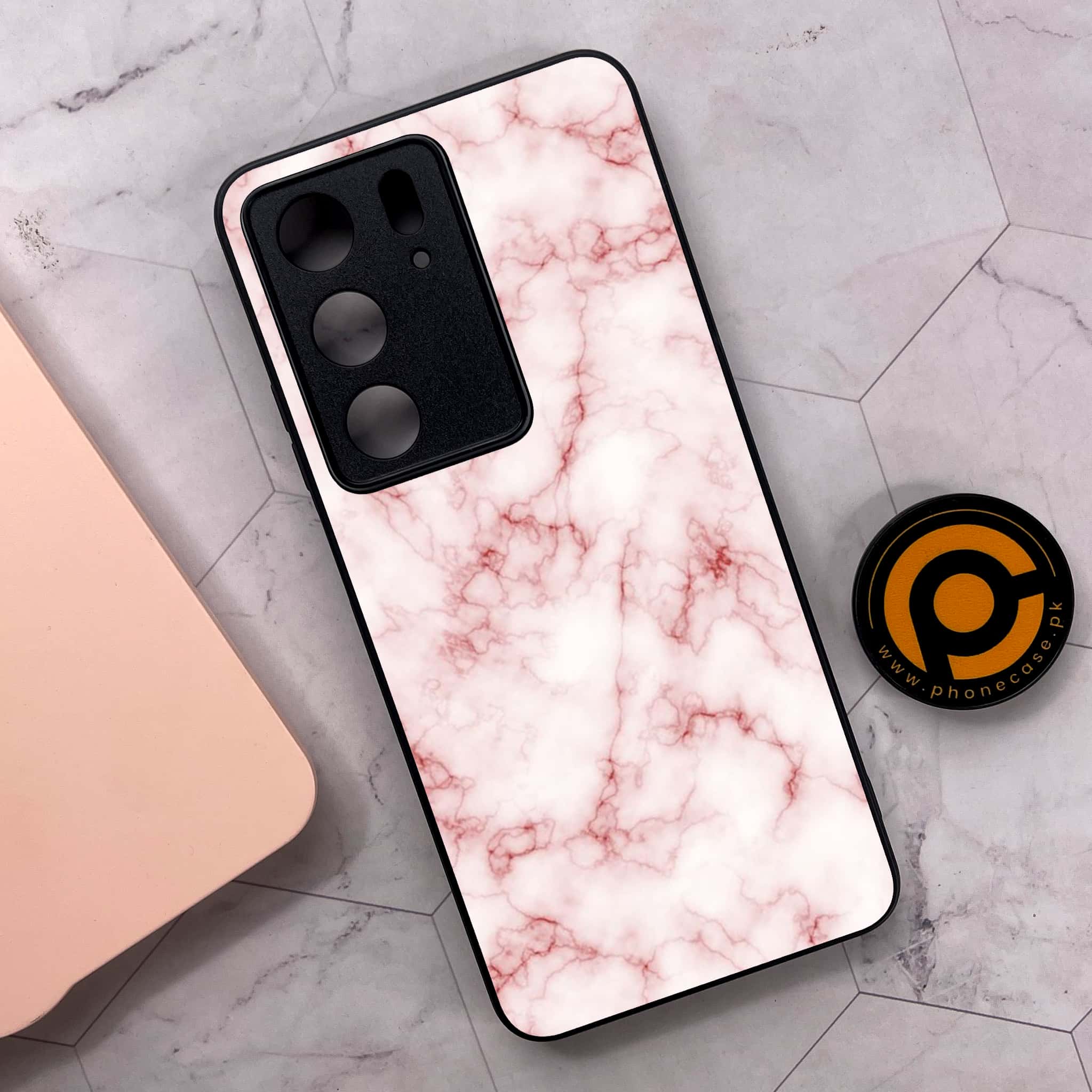 Realme C75x 4G - Pink Marble Series - Premium Metal Printed soft Bumper shock Proof Case
