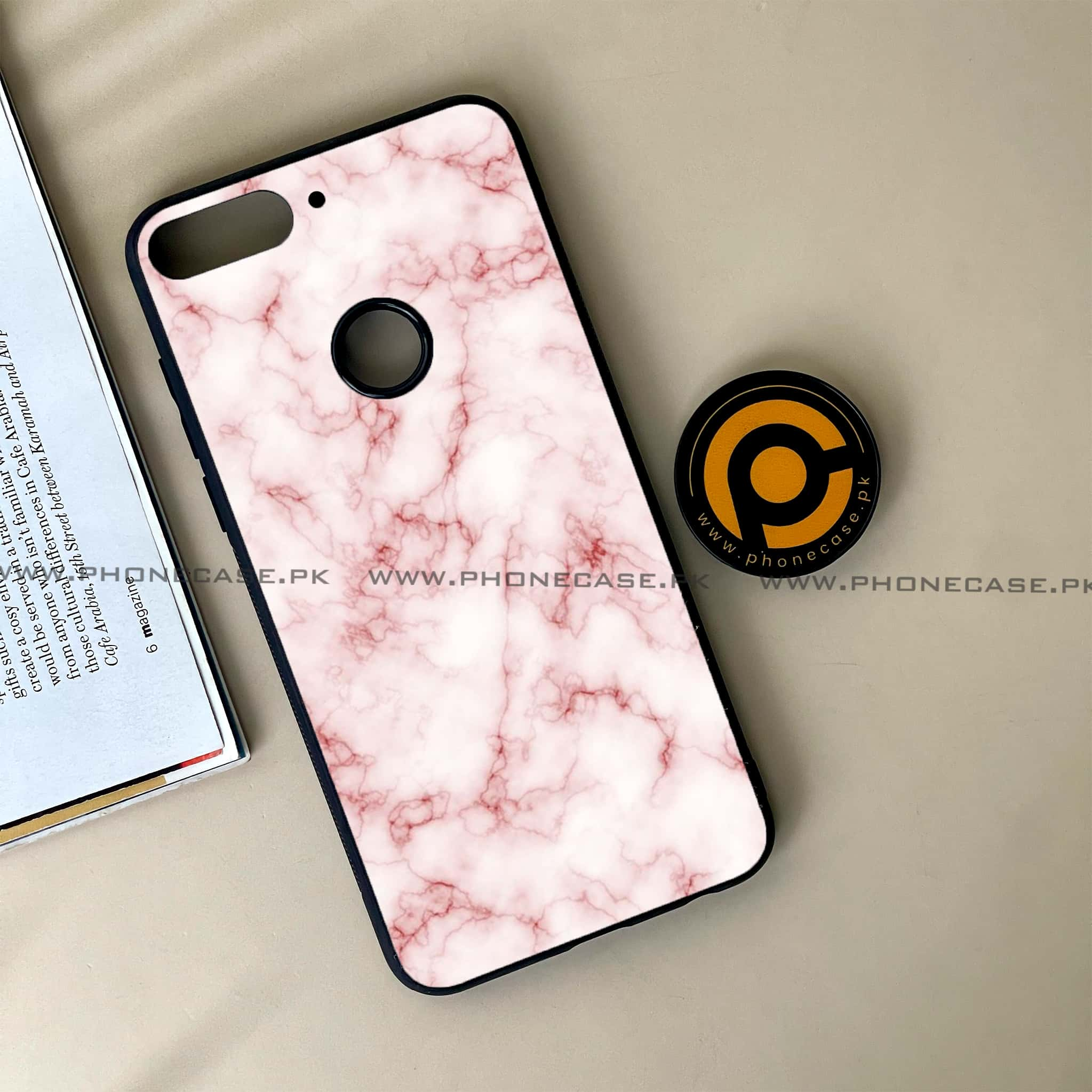 Huawei Y7 Prime (2018) -  Pink Marble Series - Premium Printed Glass soft Bumper shock Proof Case