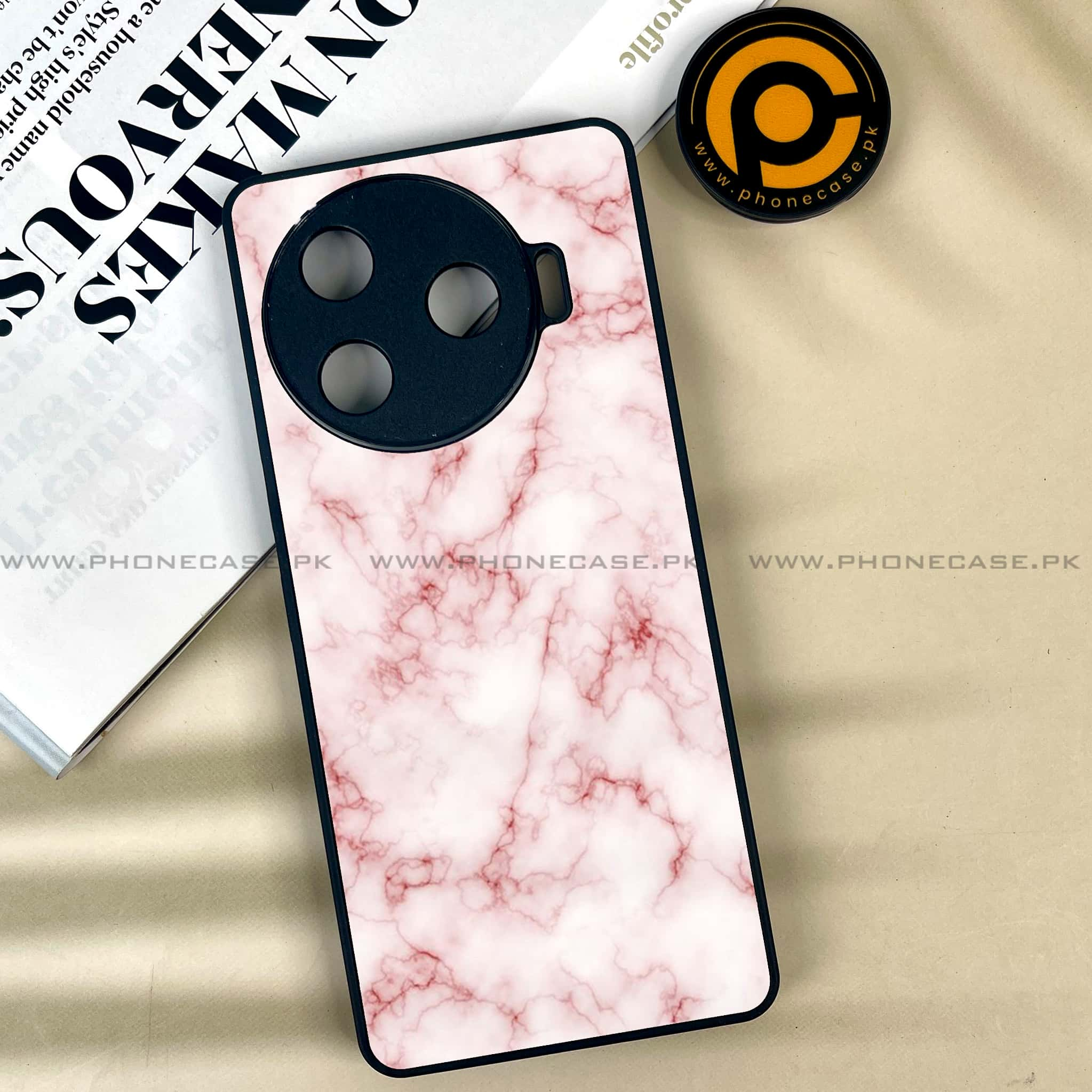 Tecno Camon 30 Pro - Pink Marble Series - Premium Printed Glass soft Bumper shock Proof Case