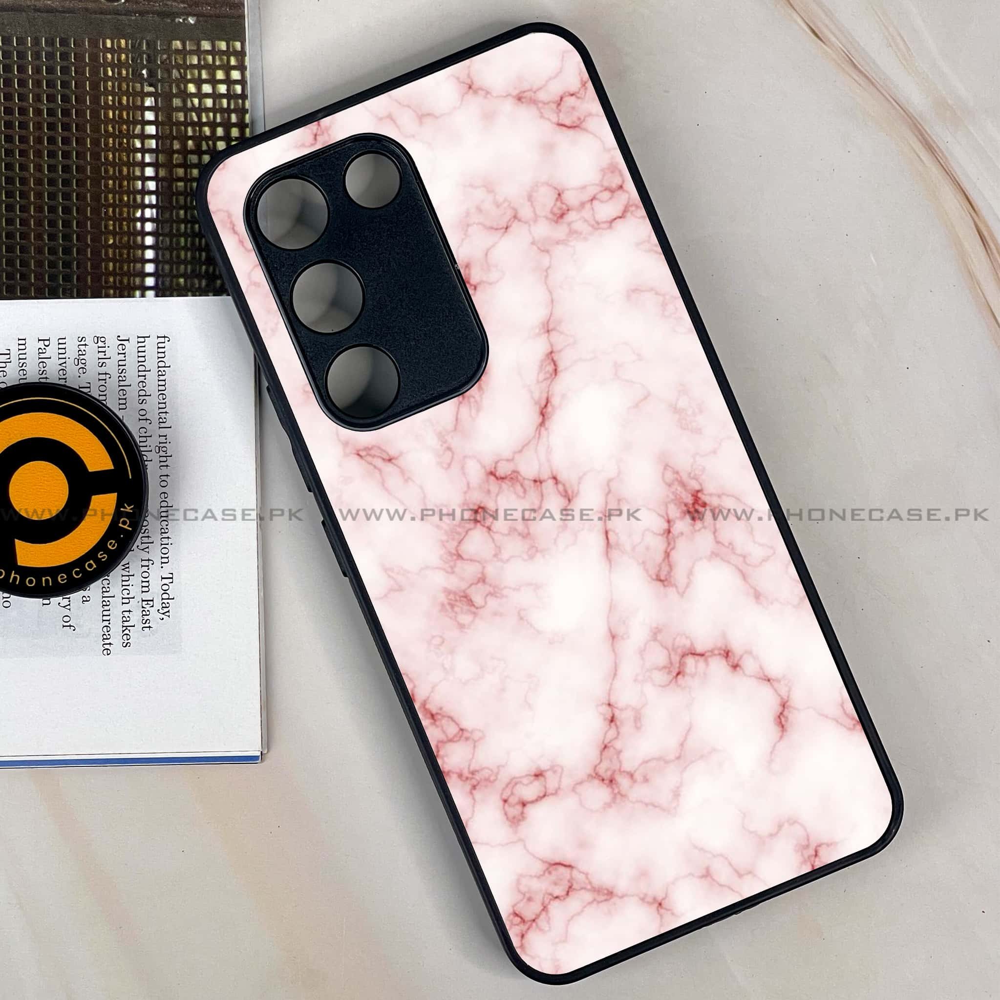 Vivo Y100 - Pink Marble Series - Premium Printed Glass soft Bumper shock Proof Case