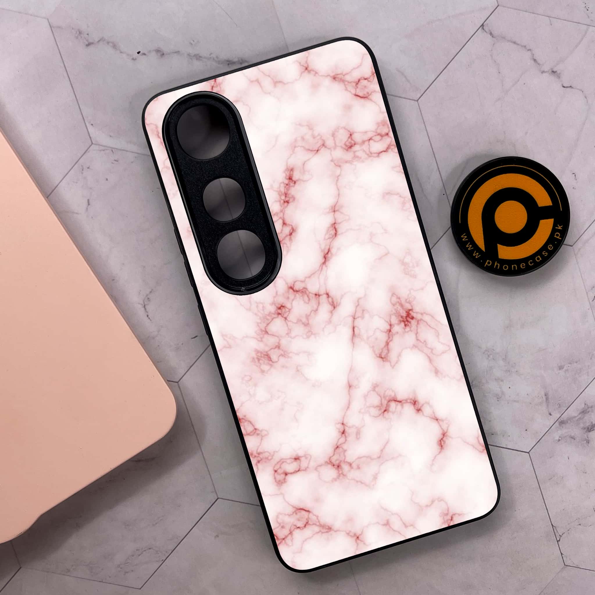 Vivo V50 Lite - Pink Marble Series - Premium Metal Printed soft Bumper shock Proof Case