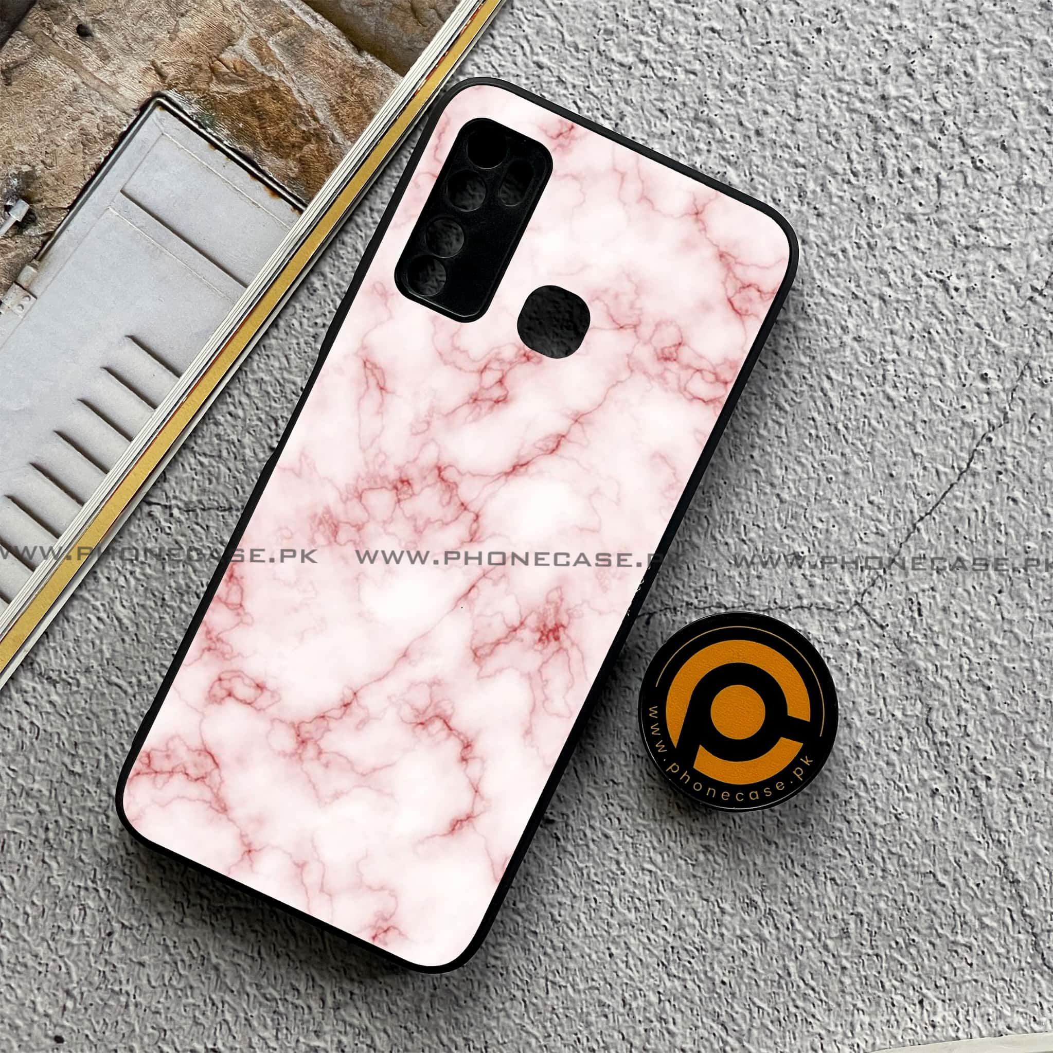 Infinix Note 7 Lite - Pink Marble Series - Premium Printed Metal soft Bumper shock Proof Case