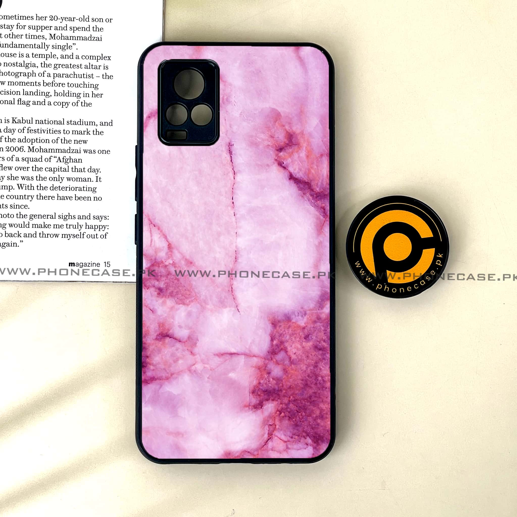 Vivo V20 - Pink Marble Series - Premium Printed Glass soft Bumper shock Proof Case