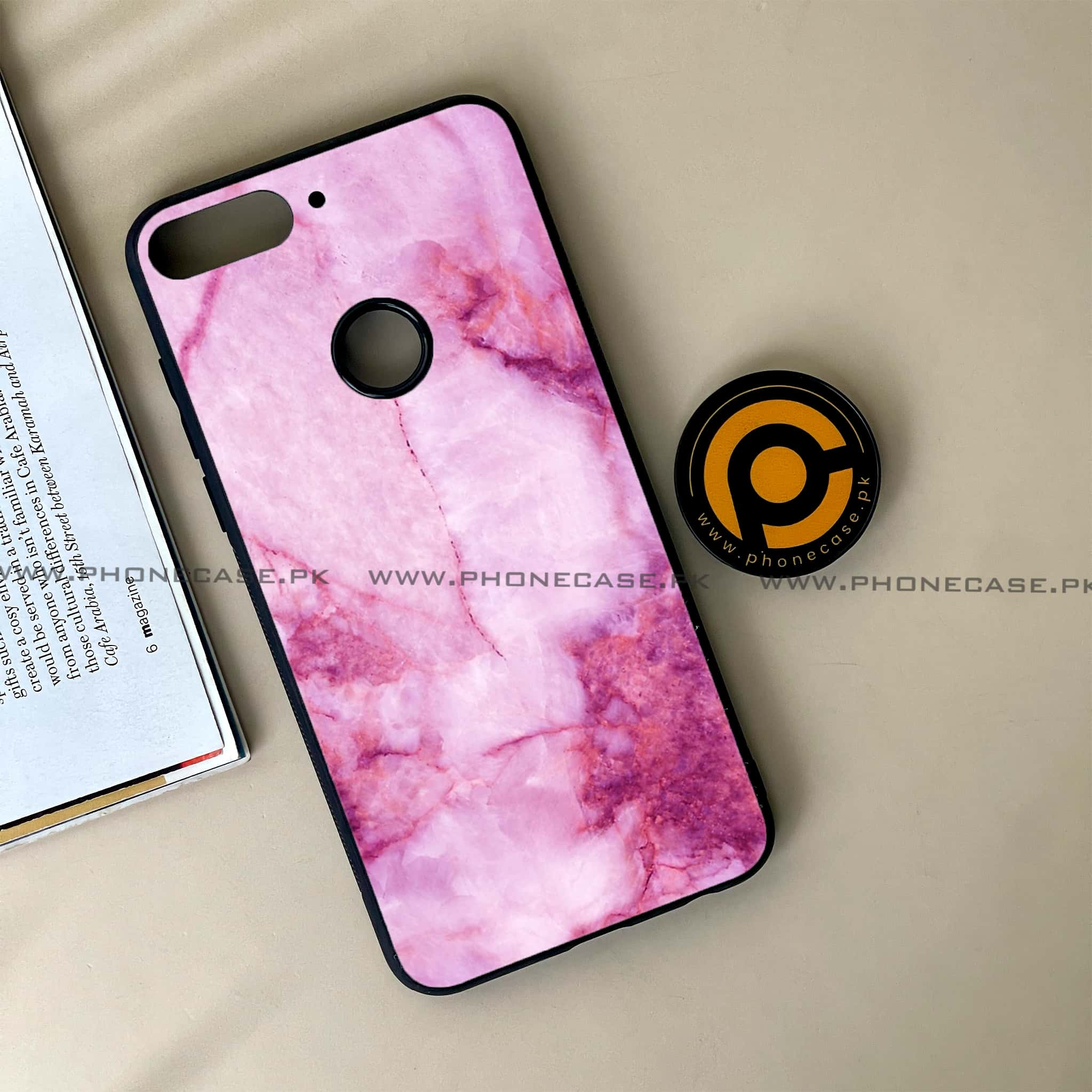 Huawei Y7 Prime (2018) -  Pink Marble Series - Premium Printed Glass soft Bumper shock Proof Case