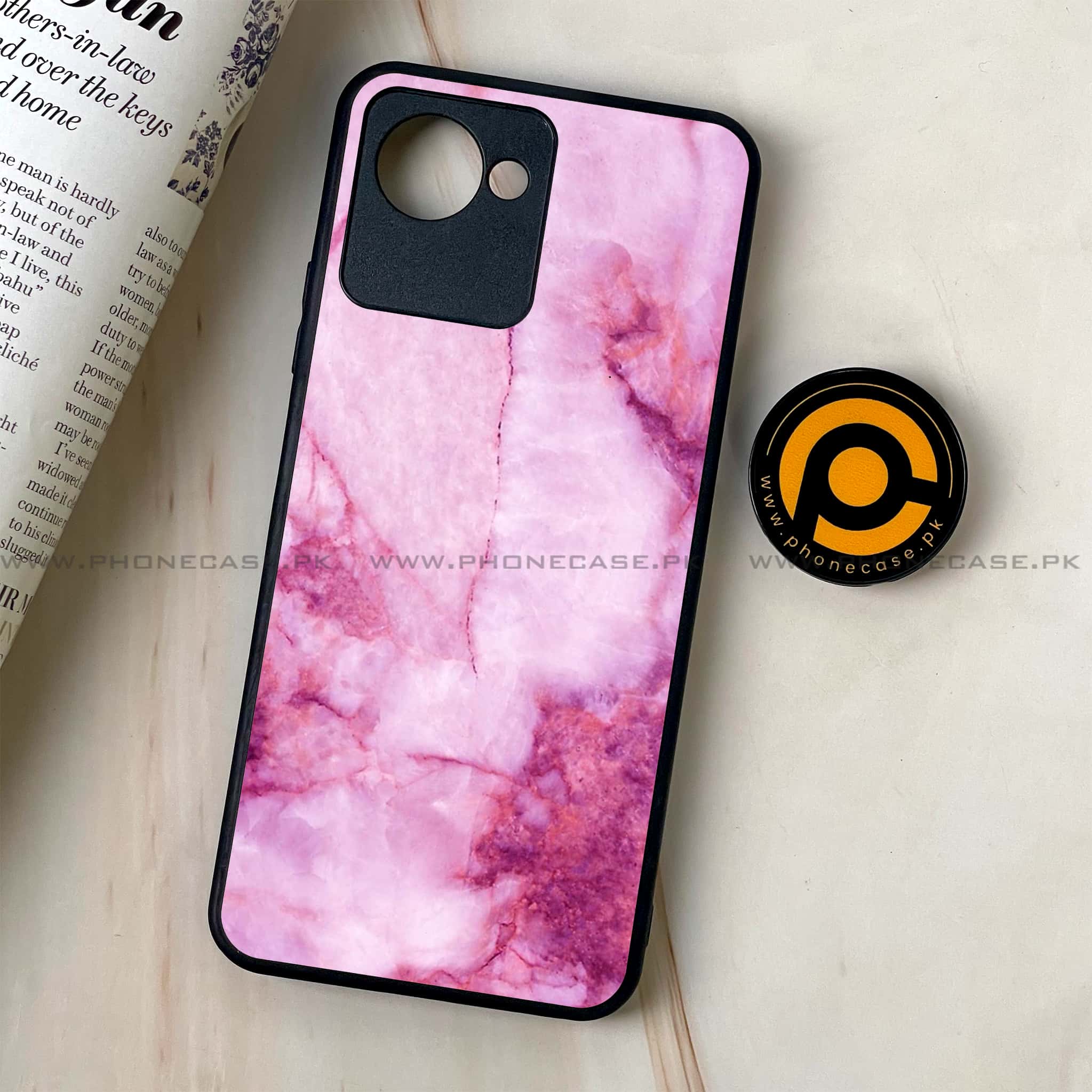 Realme C30 - Pink Marble Series - Premium Printed Glass soft Bumper shock Proof Case