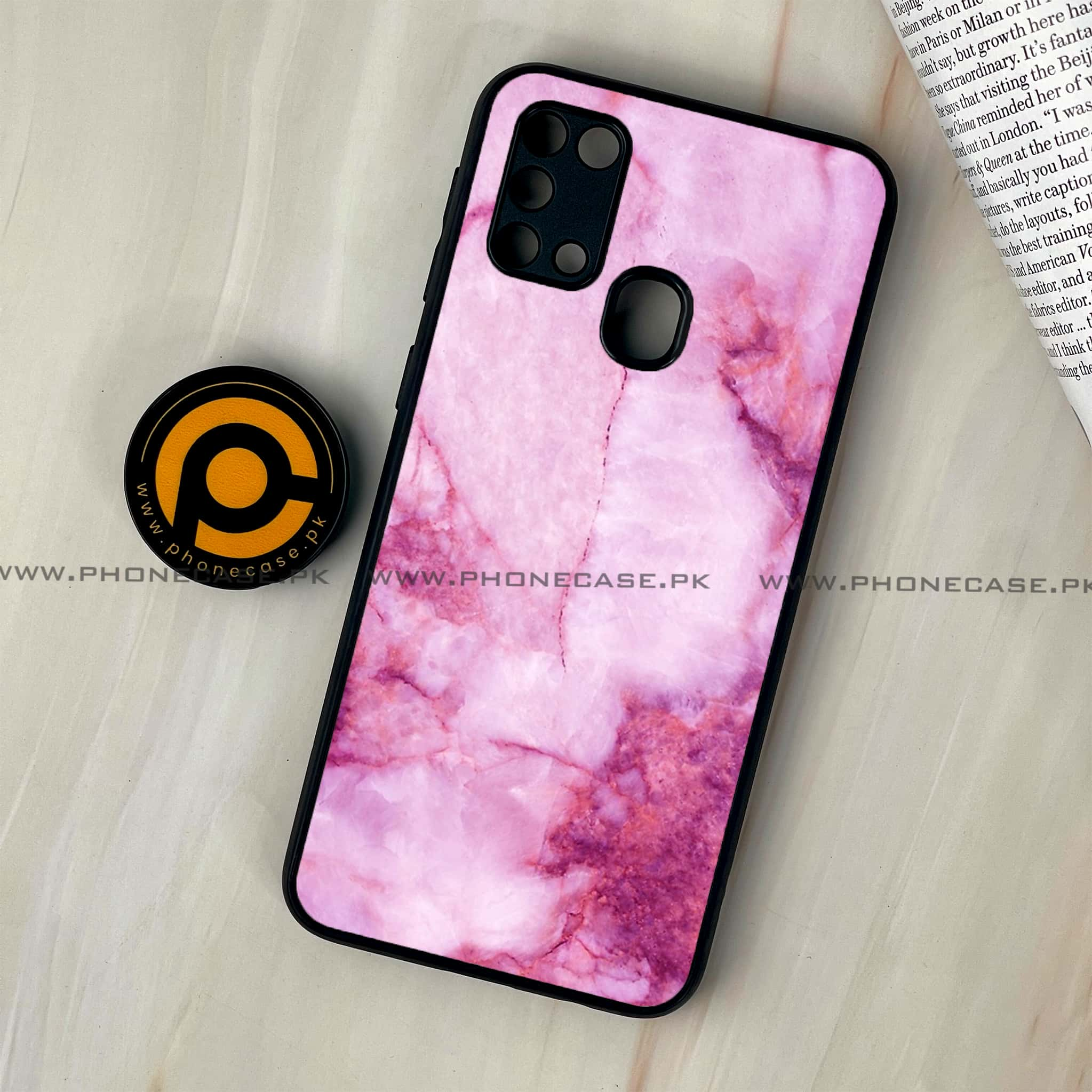 Galaxy M31 - Pink Marble Series - Premium Printed Glass soft Bumper shock Proof Case