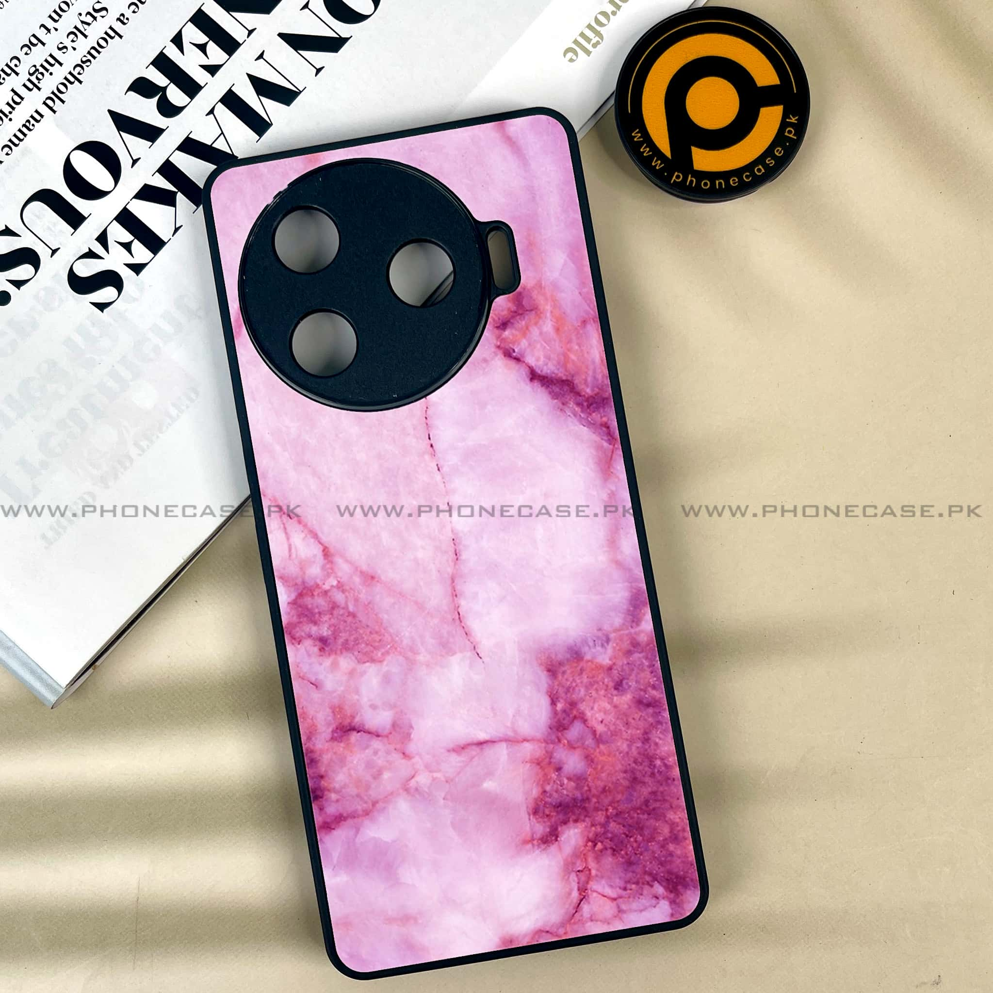 Tecno Camon 30 Pro - Pink Marble Series - Premium Printed Glass soft Bumper shock Proof Case