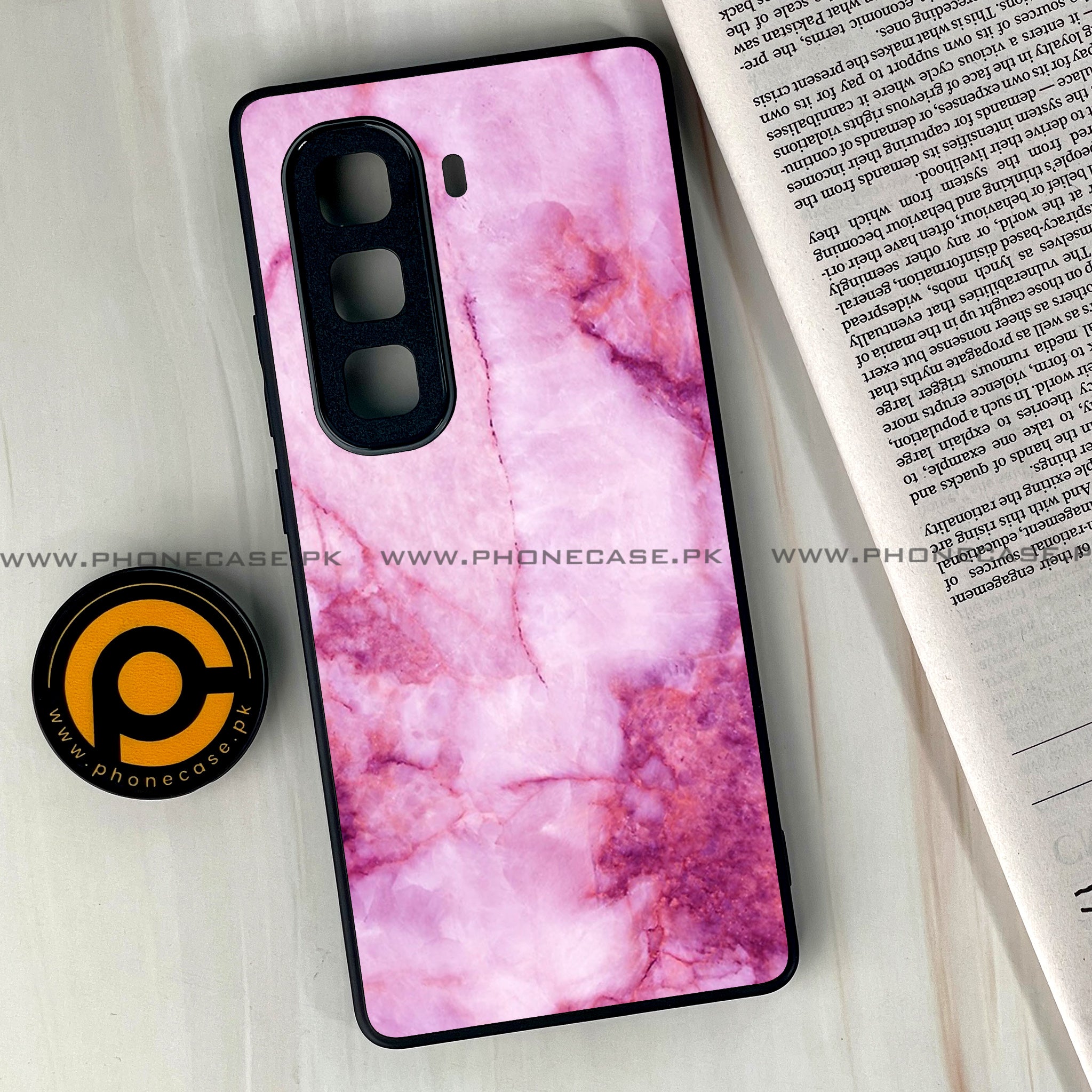 Infinix Hot 50 Pro Plus - Pink Marble Series - Premium Printed Glass soft Bumper shock Proof Case