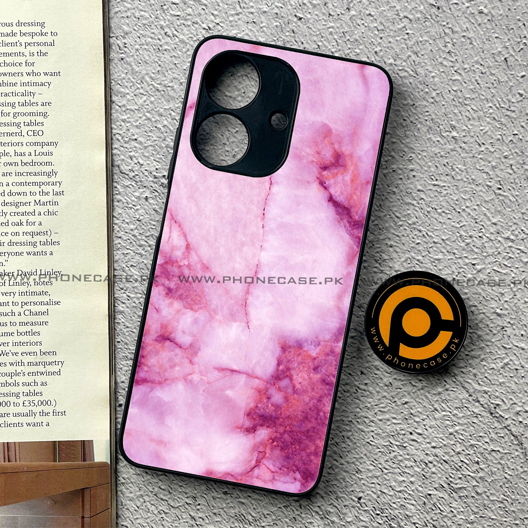 Realme Note 60 - Pink Marble Series - Premium Printed Glass soft Bumper shock Proof Case