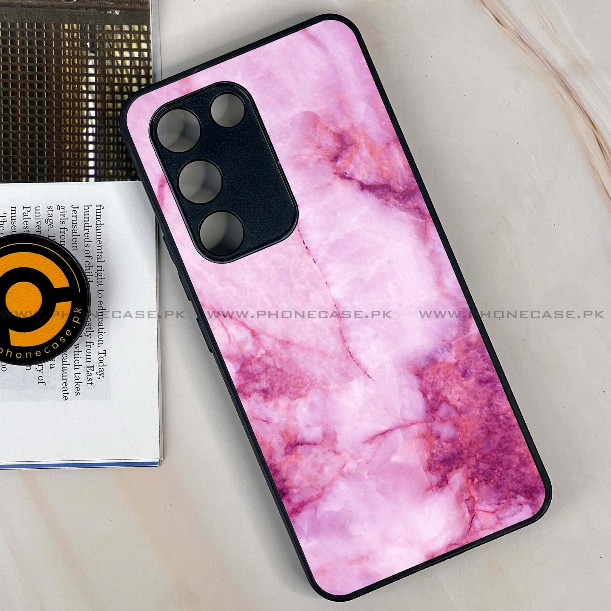 Vivo Y100 - Pink Marble Series - Premium Printed Glass soft Bumper shock Proof Case