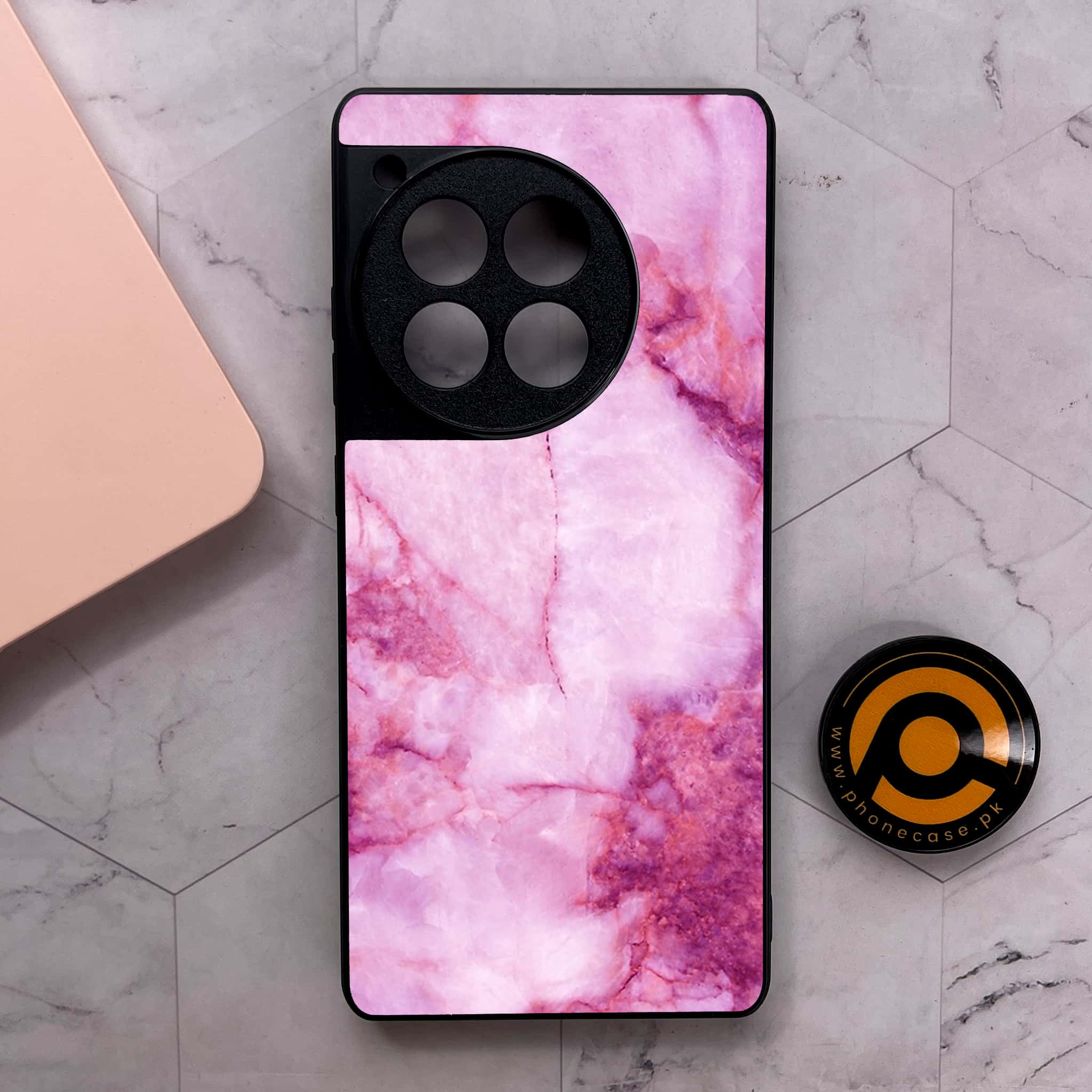 OnePlus 12R - Pink Marble Series - Premium Metal Printed soft Bumper shock Proof Case