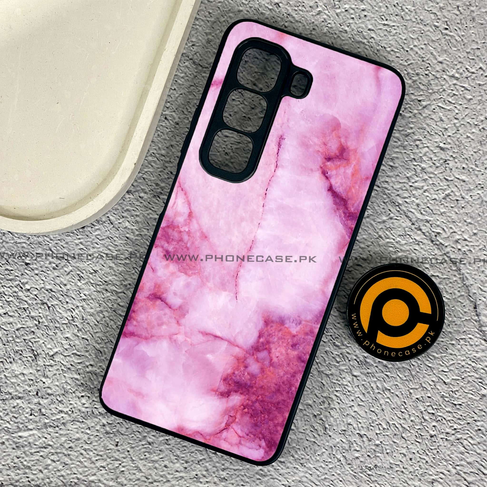 Infinix Hot 50 Pro - Pink Marble Series - Premium Printed Glass soft Bumper shock Proof Case