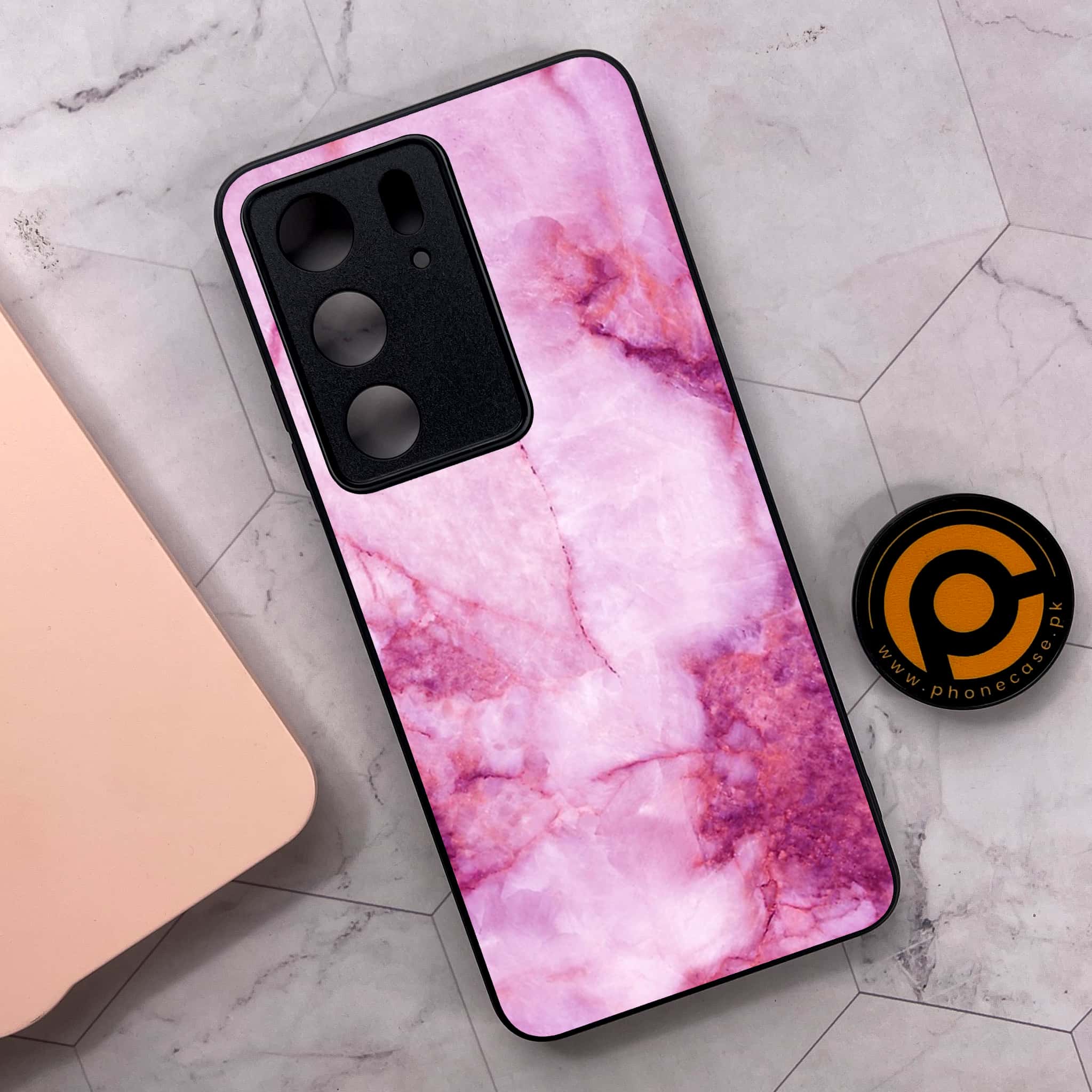 Realme C75x 4G - Pink Marble Series - Premium Metal Printed soft Bumper shock Proof Case