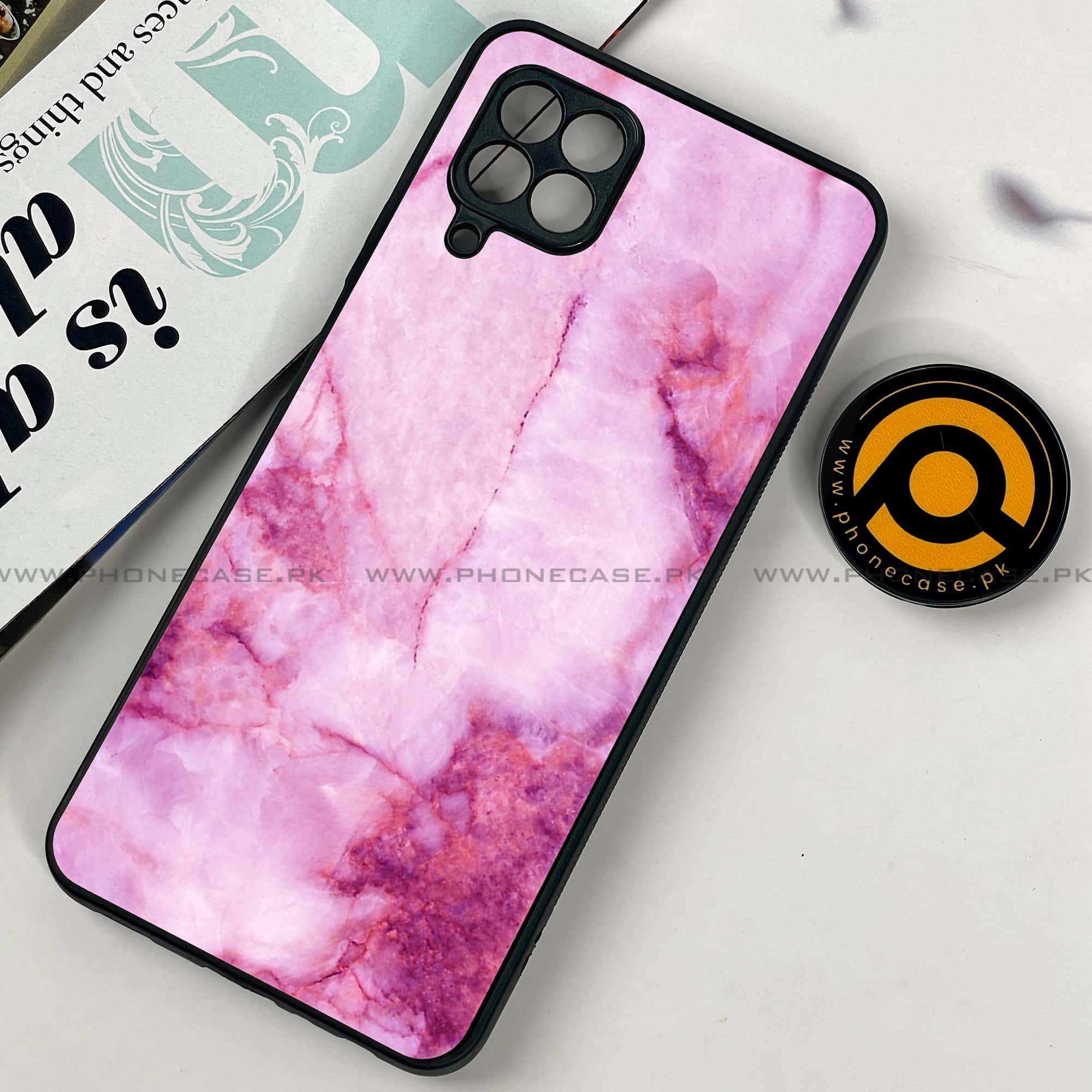 Samsung Galaxy A22 - Pink Marble Series - Premium Printed Glass soft Bumper shock Proof Case