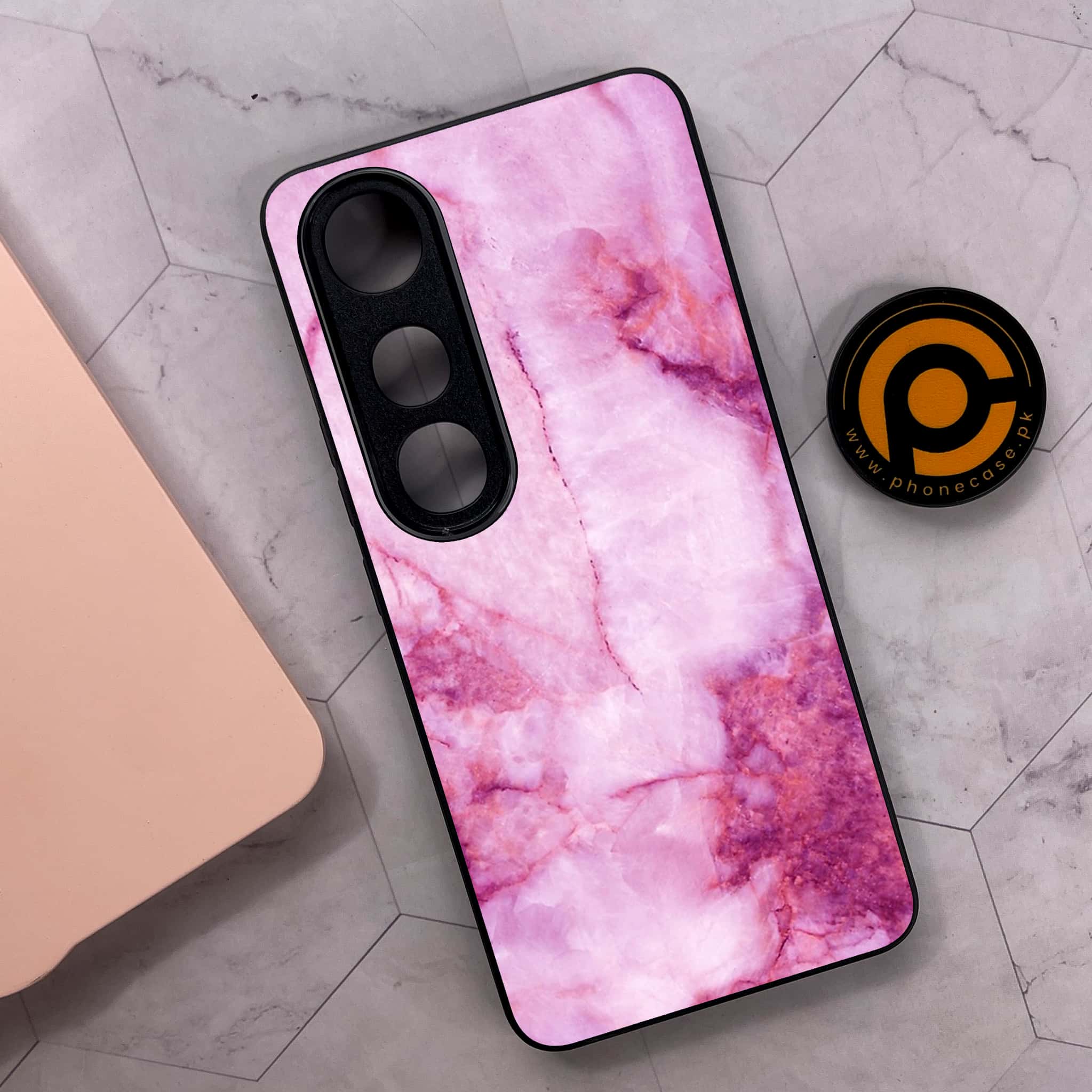 Vivo V50 Lite - Pink Marble Series - Premium Metal Printed soft Bumper shock Proof Case