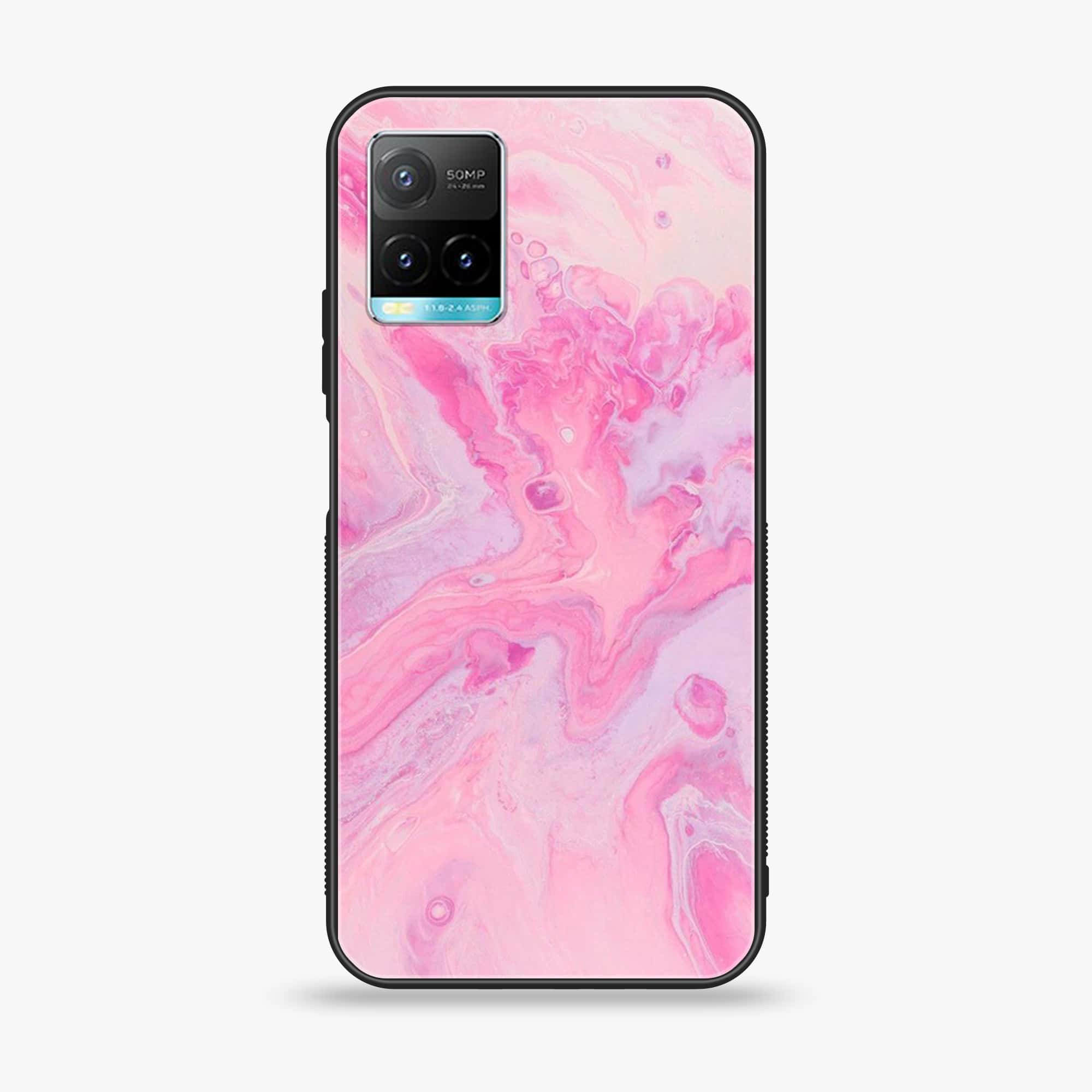 Vivo Y33T Pink Marble Series  Premium Printed Glass soft Bumper shock Proof Case