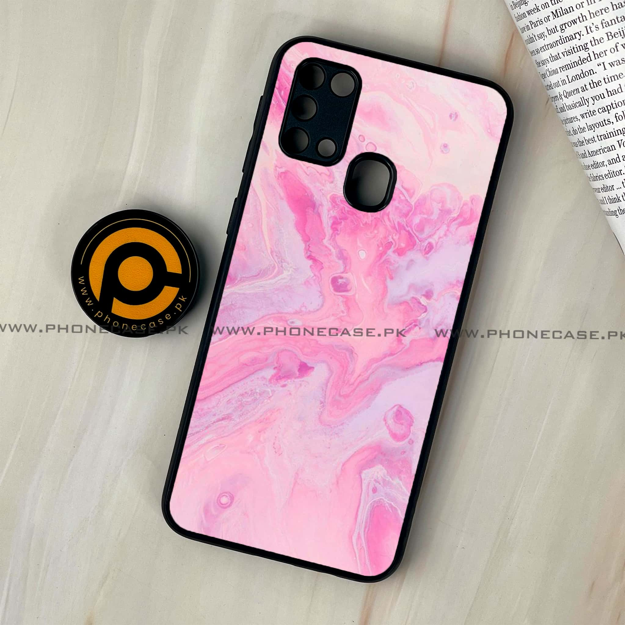 Galaxy M31 - Pink Marble Series - Premium Printed Glass soft Bumper shock Proof Case