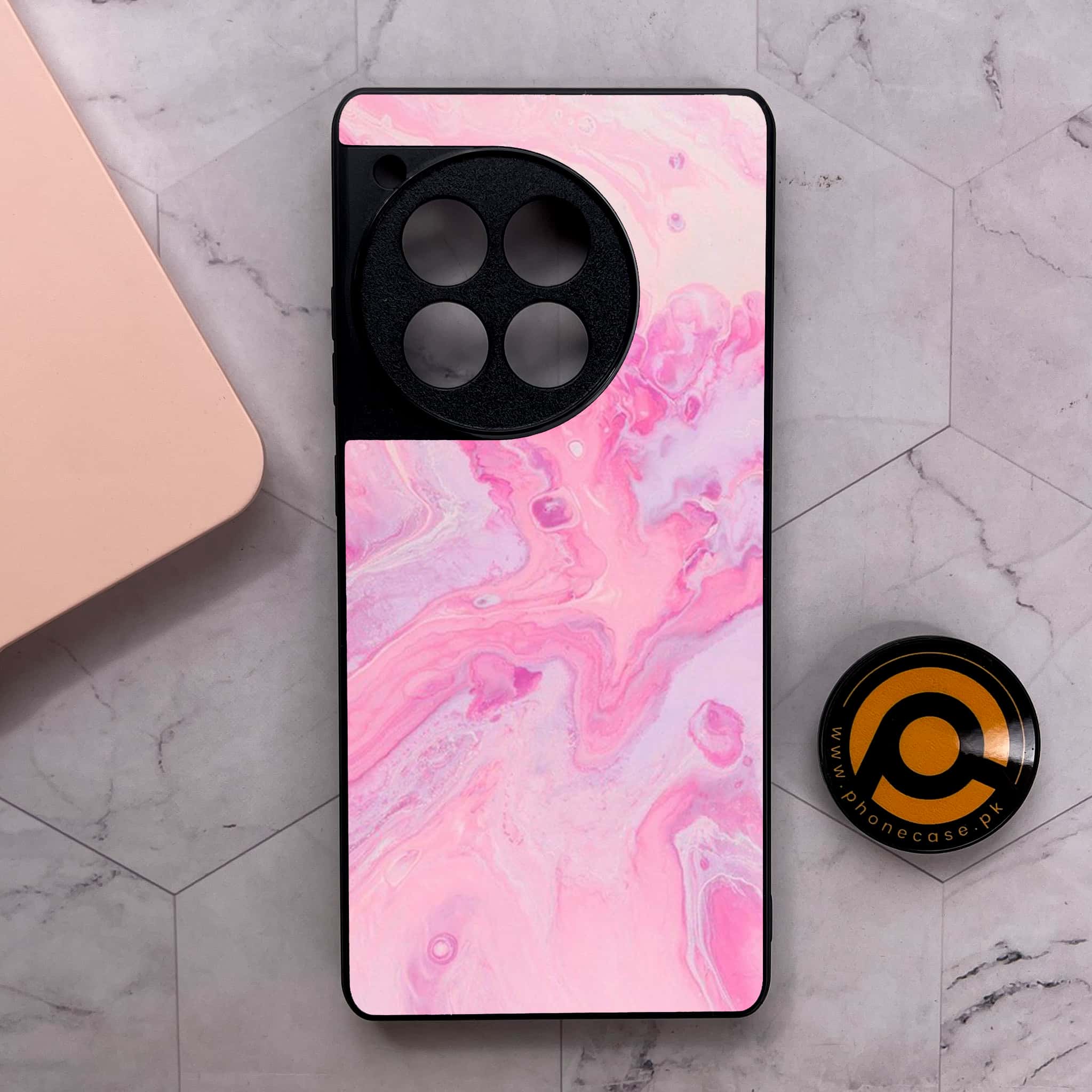 OnePlus 12R - Pink Marble Series - Premium Metal Printed soft Bumper shock Proof Case