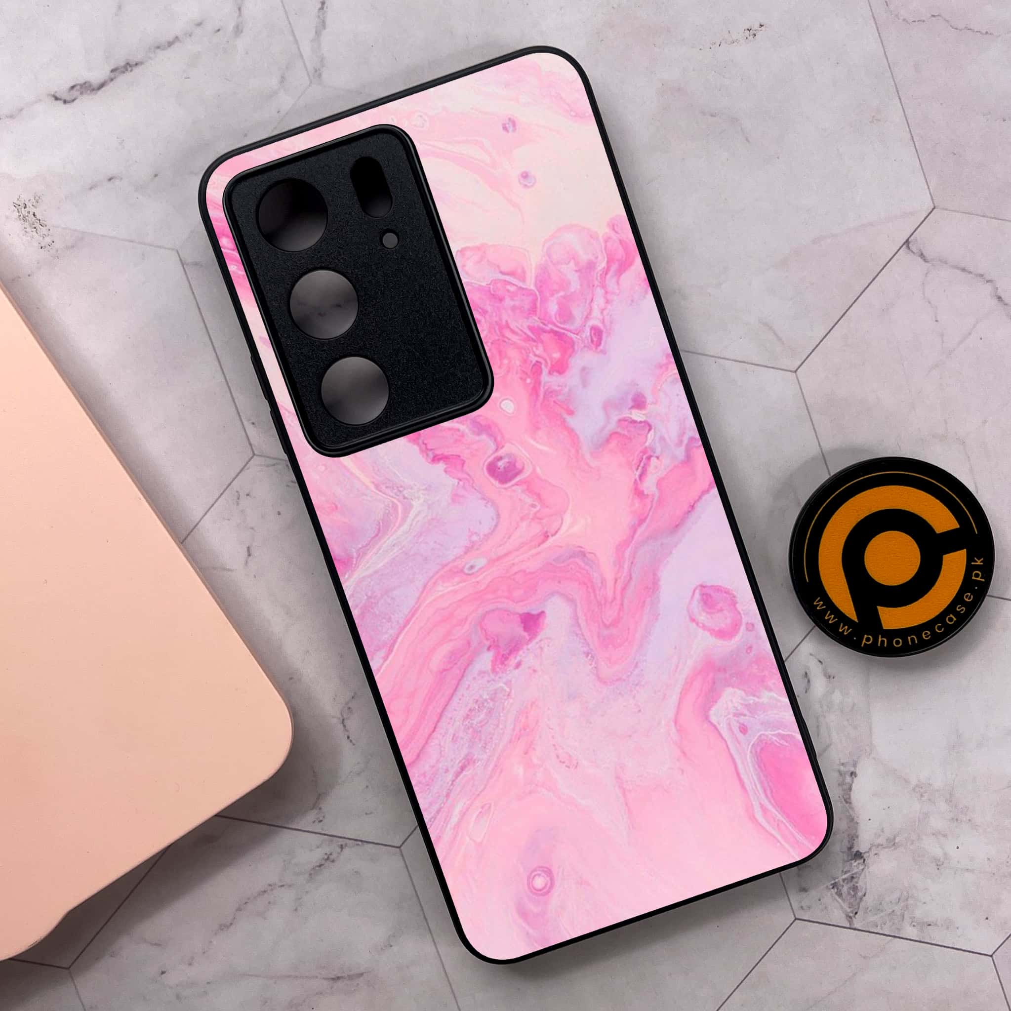 Realme C75x 4G - Pink Marble Series - Premium Metal Printed soft Bumper shock Proof Case