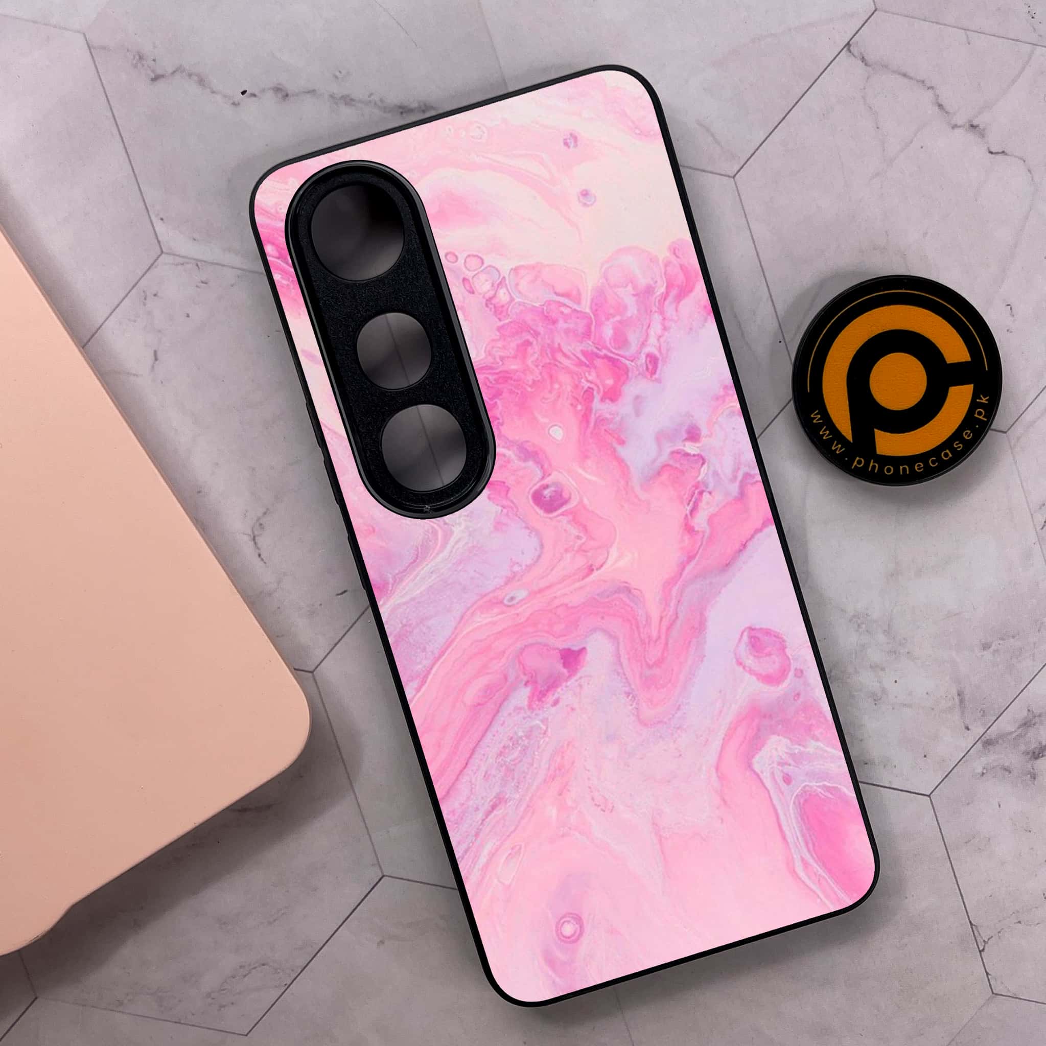Vivo V50 Lite - Pink Marble Series - Premium Metal Printed soft Bumper shock Proof Case