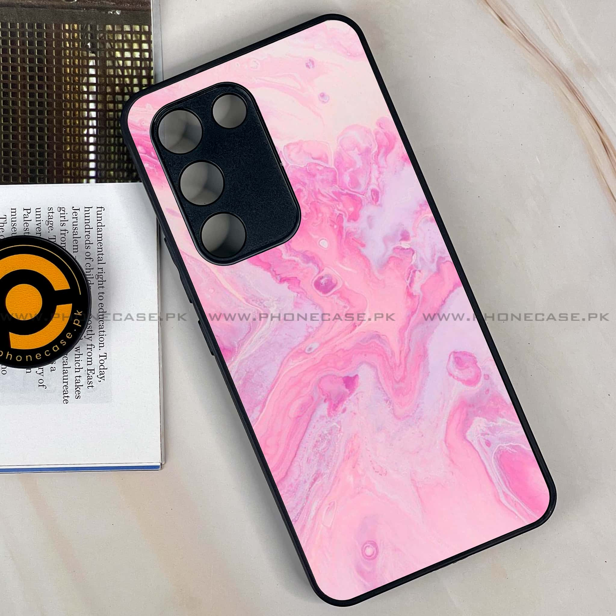 Vivo Y100 - Pink Marble Series - Premium Printed Glass soft Bumper shock Proof Case