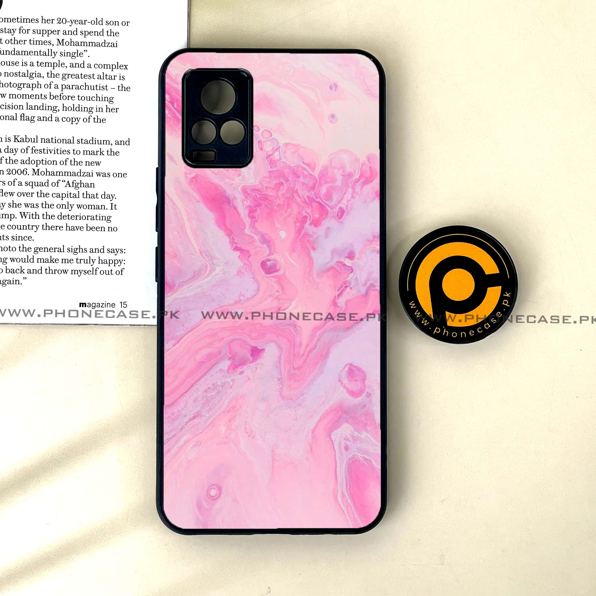 Vivo V20 - Pink Marble Series - Premium Printed Glass soft Bumper shock Proof Case