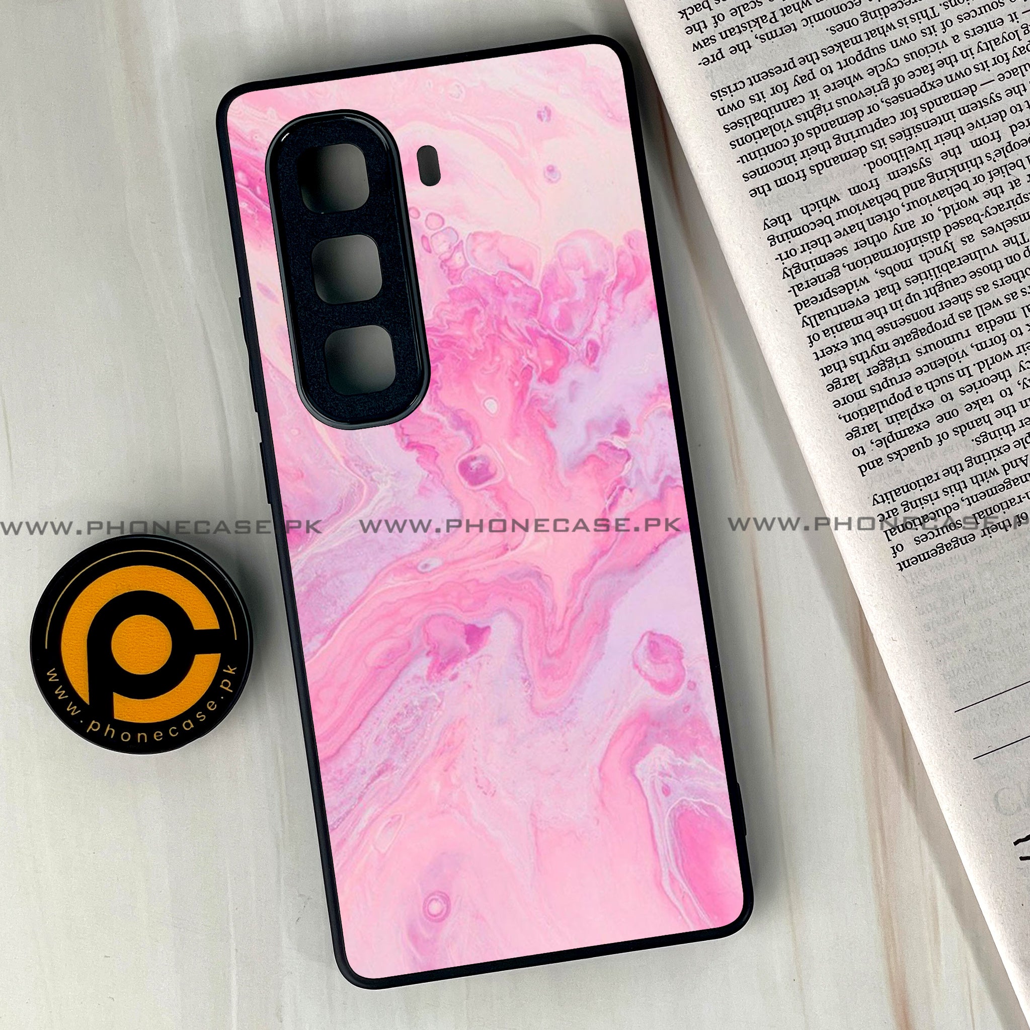 Infinix Hot 50 Pro Plus - Pink Marble Series - Premium Printed Glass soft Bumper shock Proof Case