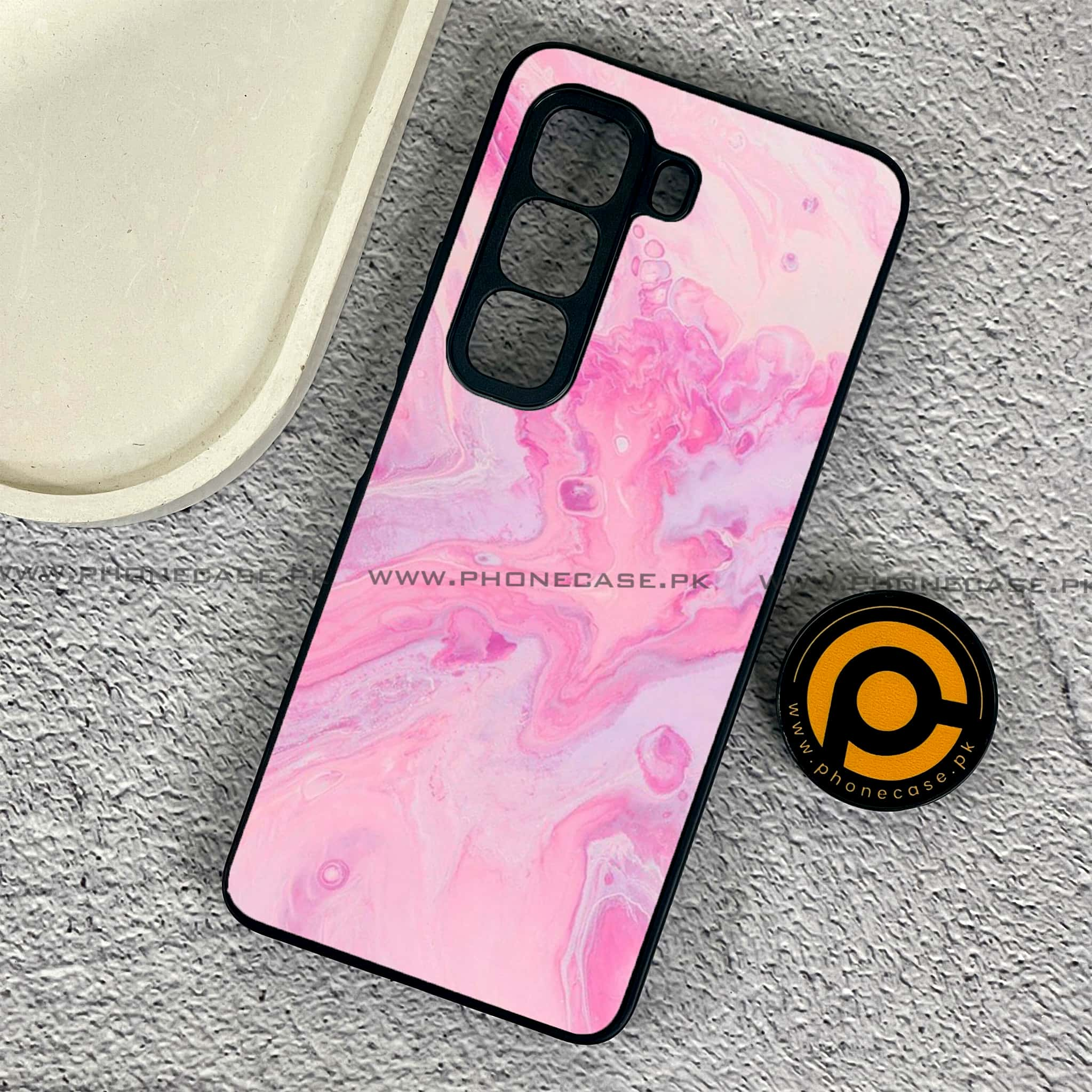 Infinix Hot 50 Pro - Pink Marble Series - Premium Printed Glass soft Bumper shock Proof Case