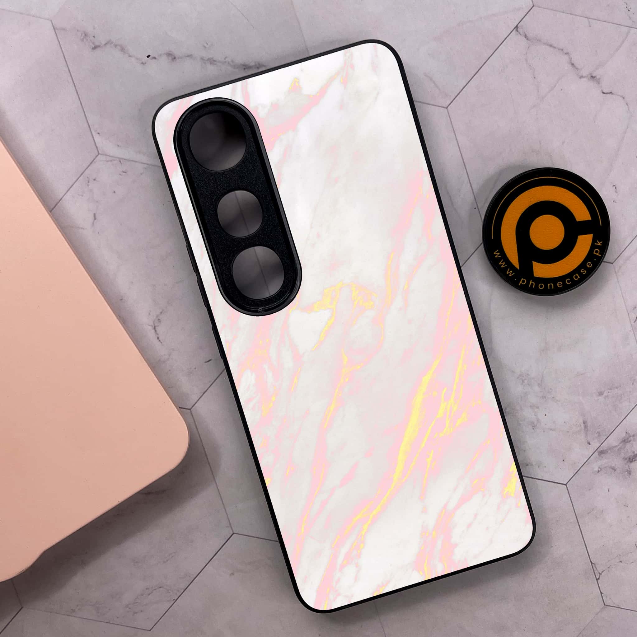 Vivo V50 Lite - Pink Marble Series - Premium Metal Printed soft Bumper shock Proof Case